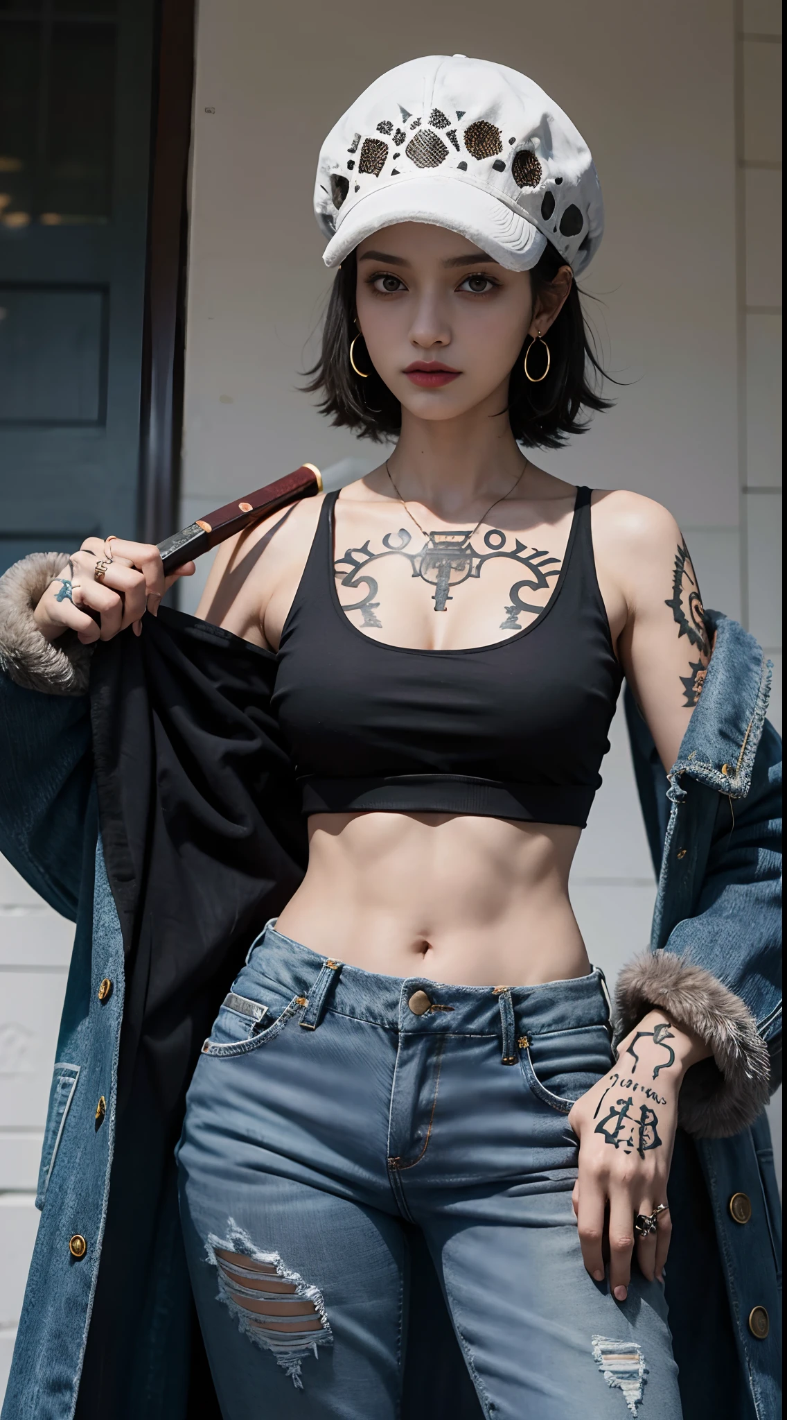 masterpiece, best quality, 8k,highestres, absurdres, extremely detailed, female trafalgar law, 1girl, 1sword, solo, looking at viewer, short hair, medium breasts, hat, navel, cleavage, collarbone, earrings, midriff, pants, coat, fur trim, denim, jeans, shoulder tattoo, hand tattoo, finger tattoo, black fur-trimmed coat, coat on shoulders, yellow tank top,///,