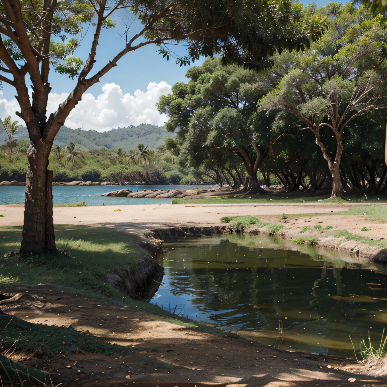Trees growing on the ground next to a portion of water, frutas, flores