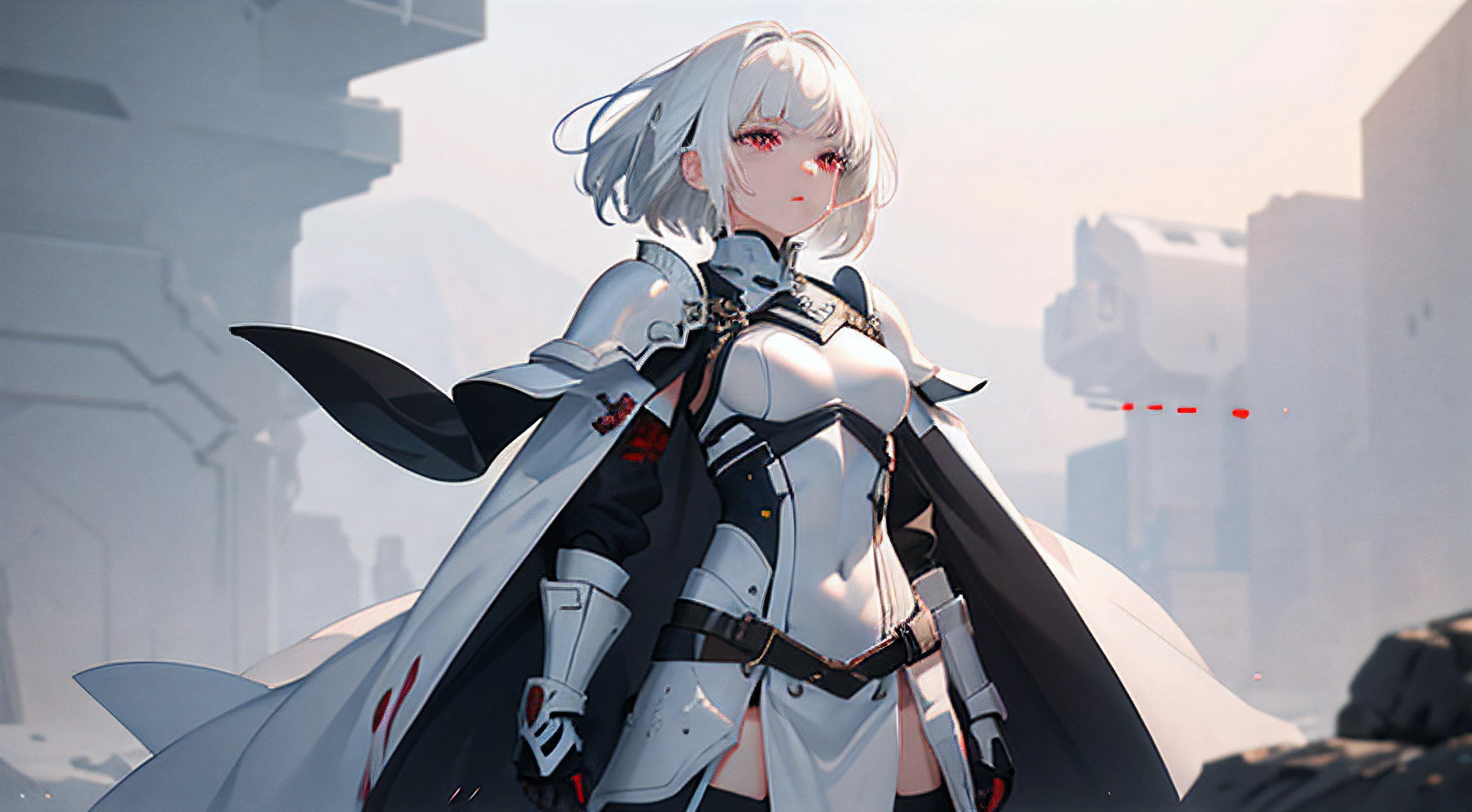 (a girl in a completely white heavy armor with a few drops of blood,white hair,short hair,red eyes),war scene,full body,(best quality,photorealistic)