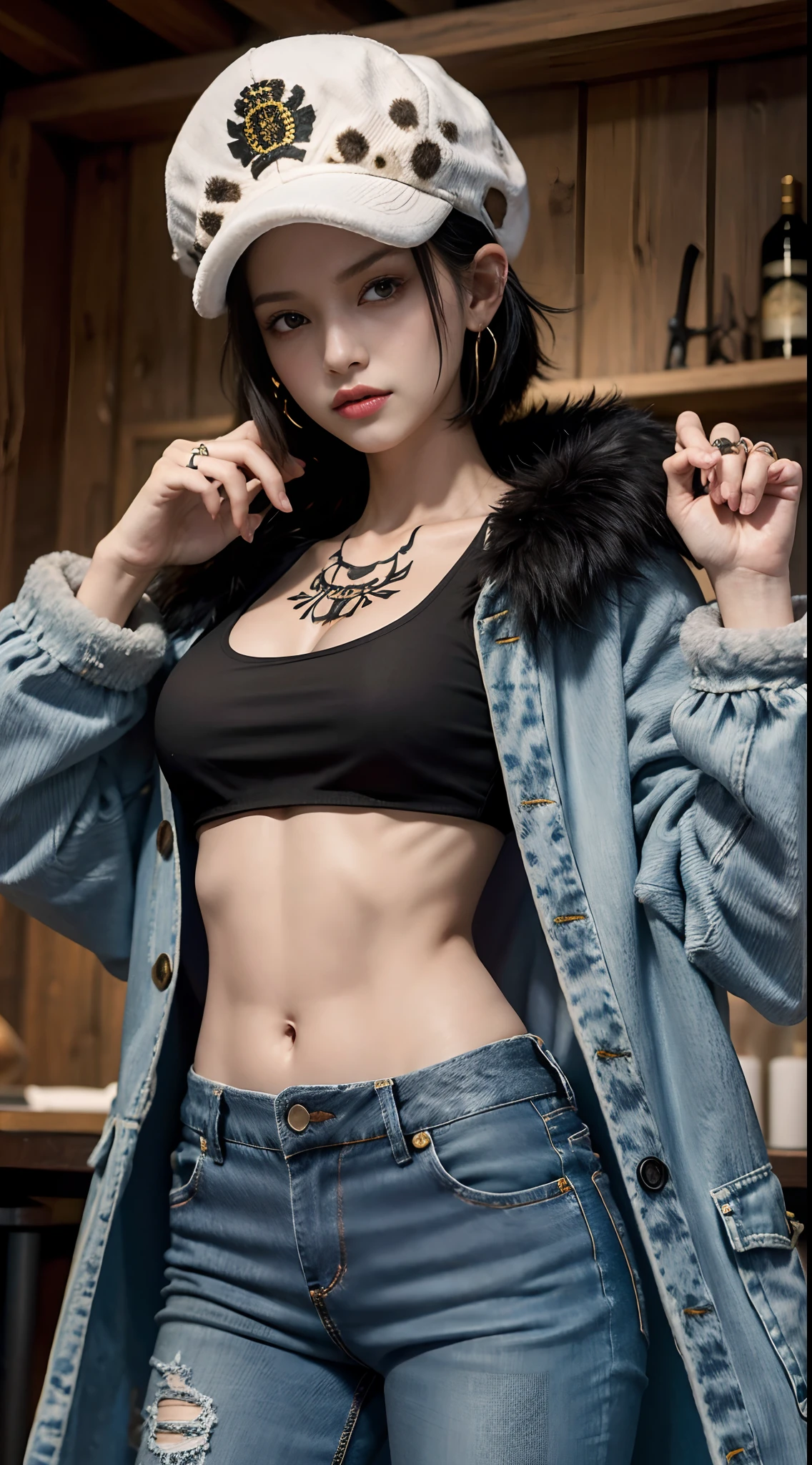 masterpiece, best quality, 8k,highestres, absurdres, extremely detailed, female trafalgar law, 1girl, 1sword, solo, looking at viewer, short hair, medium breasts, hat, navel, cleavage, collarbone, earrings, midriff, pants, coat, fur trim, denim, jeans, shoulder tattoo, hand tattoo, finger tattoo, black fur-trimmed coat, coat on shoulders, yellow tank top,///,