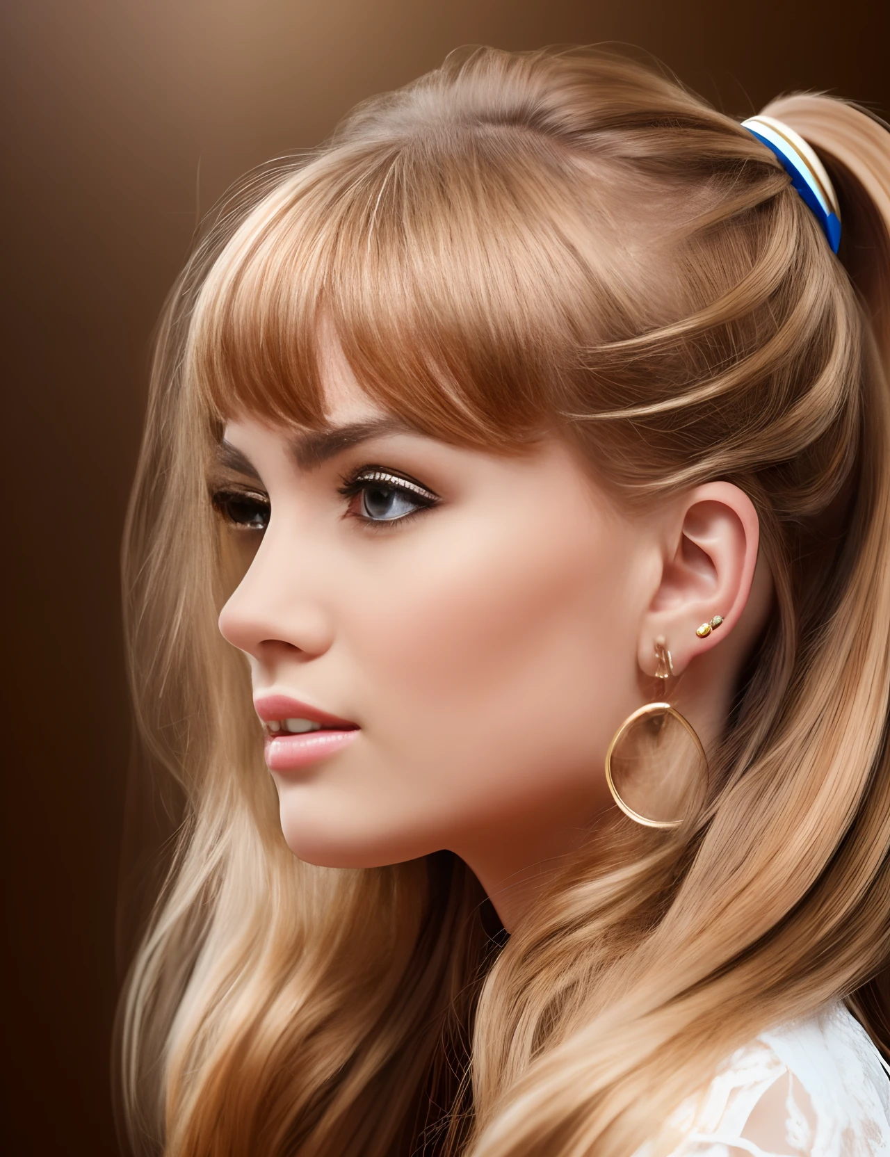 very realistic Beautiful girl with chestnut-blond in profile with open ears without earrings --auto --s2