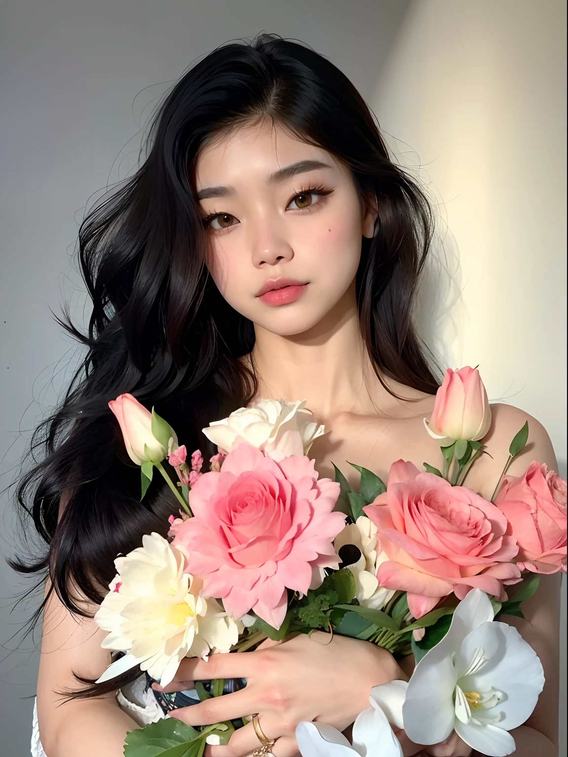 There's a woman holding a bouquet of flowers in her hands, com flores, Beautiful Asian girl, beautiful aesthetic face, Beautiful and Aesthetic, jennie blackpink, Mulher sul-coreana bonita, Asian girl, Beautiful Asian woman, asian features, Xision Wu, linda mulher coreana jovem, mulher coreana jovem bonita, an Asian woman, gorgeous chinese model, a young asian woman