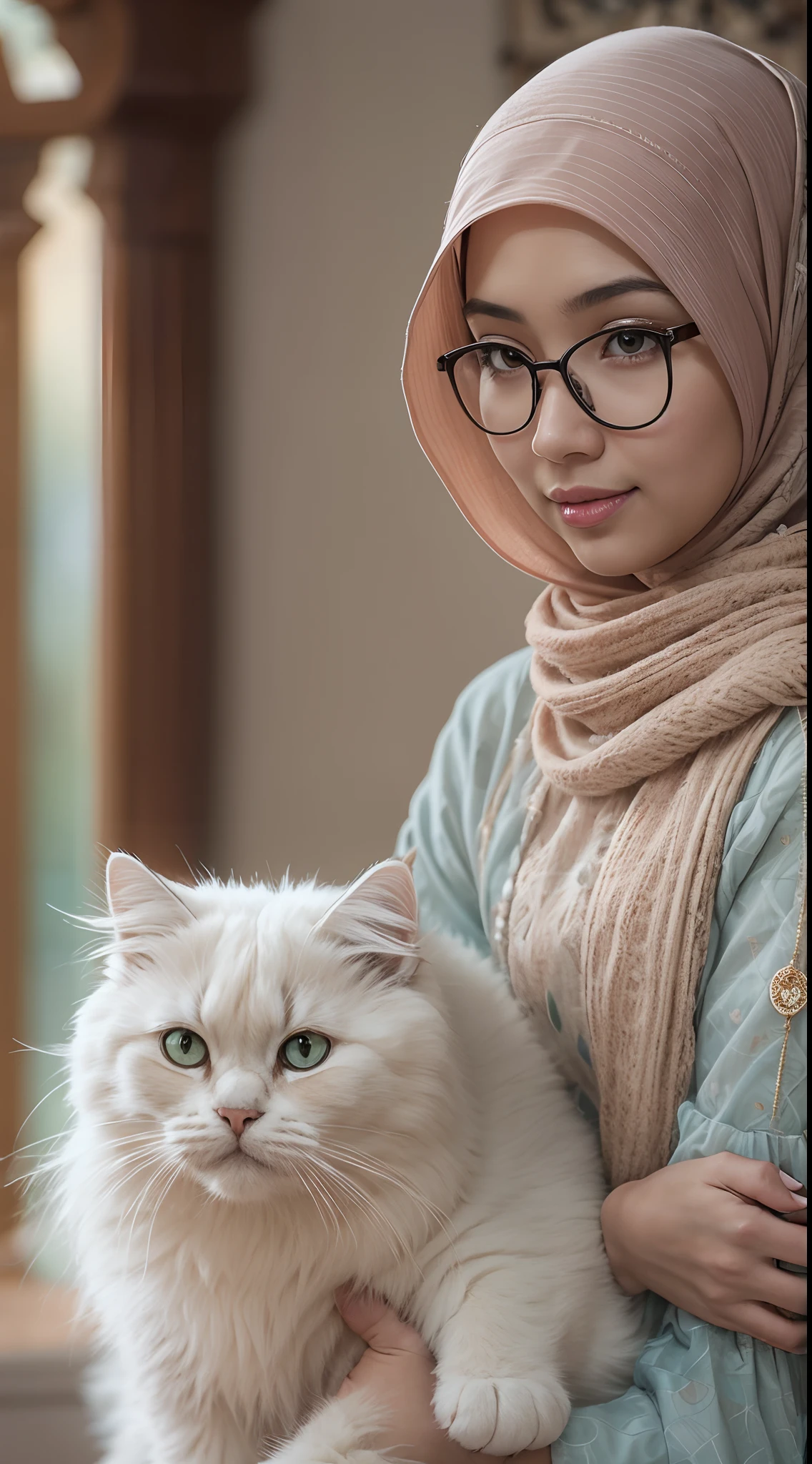 Design a heartwarming scene as the young Malay woman in pastel color hijab interacts with her beloved very big cat pet, very big fluffy white persian cat, very cute Malay woman with beautiful small petite body, wear modest baju kurung, wear glasses, big round glasses, small petite body, beer belly, small waist, slim, wide hips, thick thighs, showcasing the bond between them in a cozy home setting, bright lighting, happy, 8k, high quality, ray lighting,
