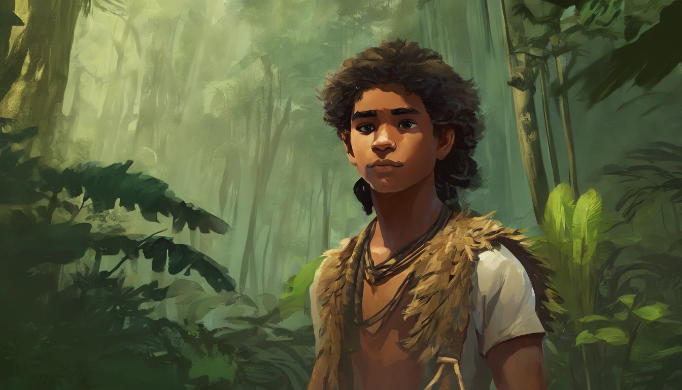 A handsome Brazilian indigenous boy, forte, amazonico, In an Amazon rainforest.