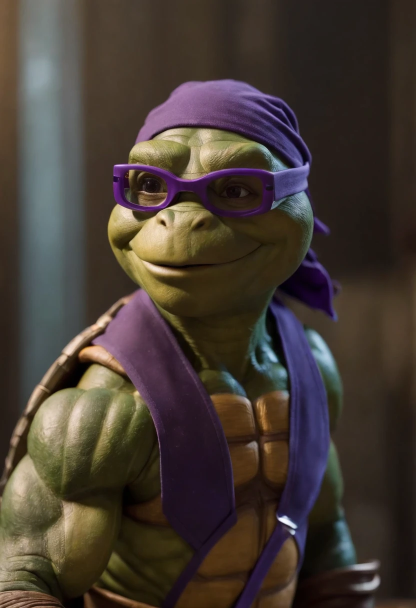 full-length photo professional of the perfect Donatello wearing glasses and futuristic tools from Ninja Turtles movie 2014, --ar 1:1