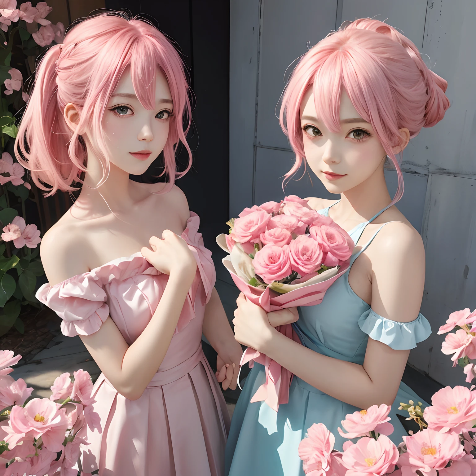 Anime girl with pink hair holding a bouquet of pink flowers, anime style portrait,
