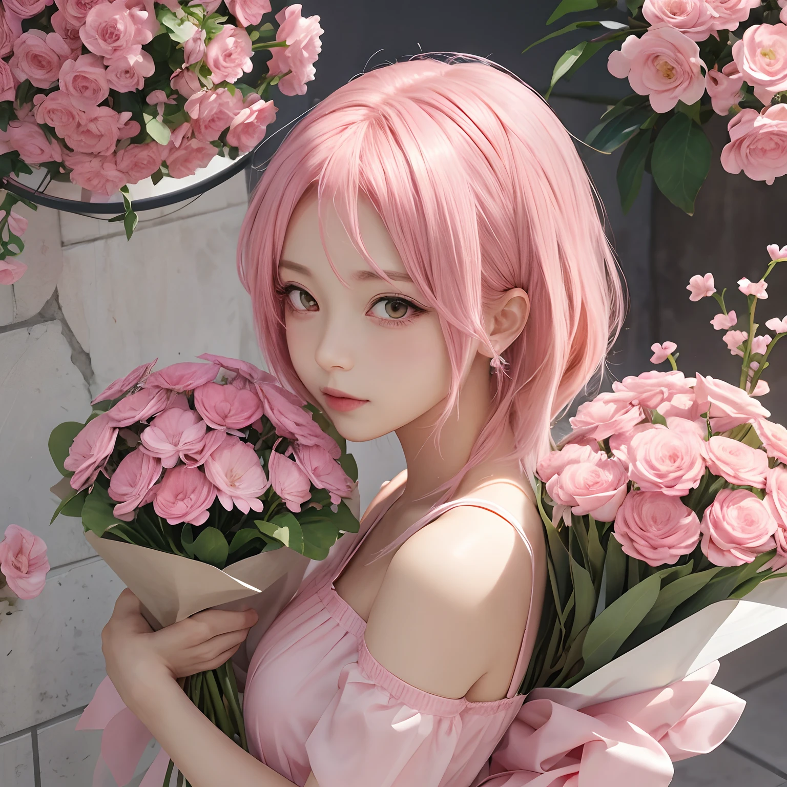 Anime girl with pink hair holding a bouquet of pink flowers, anime style portrait,