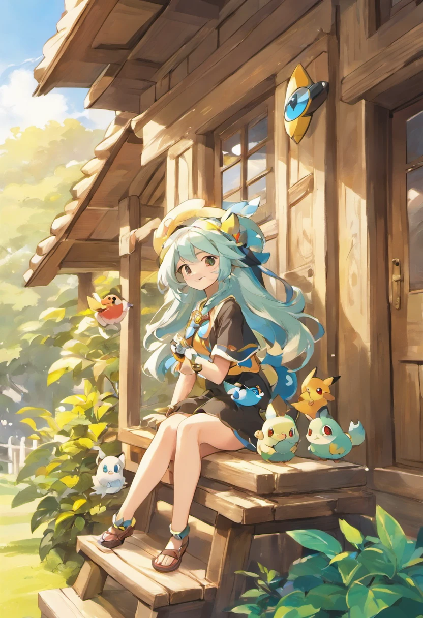 (garota anime com orelhas de lobo), olhos lindos e detalhados, extremamente fofa, cabelos negros com pontas azuis, sorrindo, Sitting on the porch of a rustic house, nascer do sol, birds on sky, Beautiful morning.