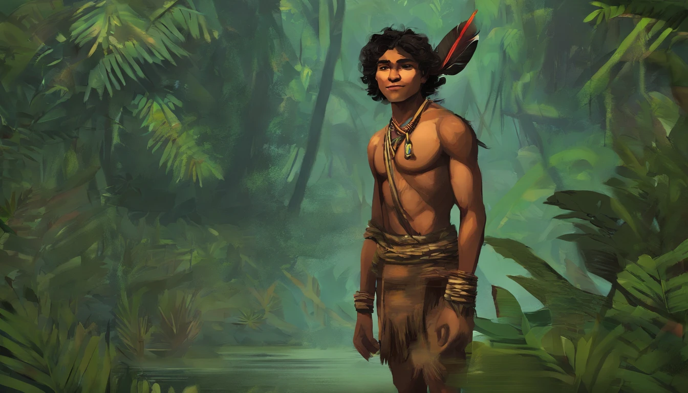 A handsome Brazilian indigenous boy, forte, Amazon, In an Amazon rainforest.