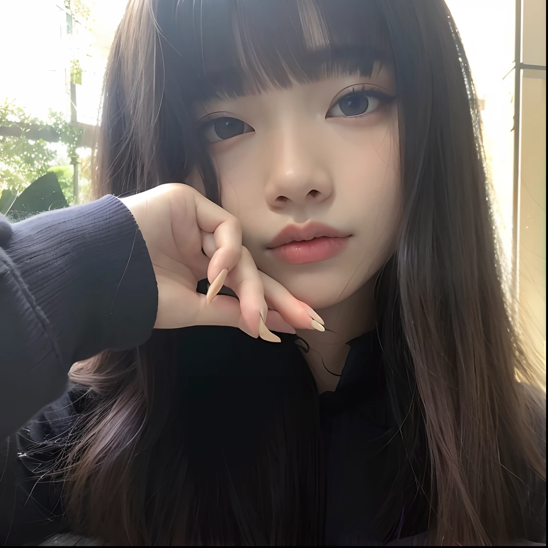 um close up de uma mulher com cabelo comprido e um cigarro, Ela tem cabelo preto com franja, Ulzzang, com franja completa, Lalisa Manobal, com franja, coreana, cabelo arrumado com franja, young cute wan asian face, cabelo comprido com franja completa, cabelos longos com franja, young adorable korean face, pale round face, young asian girl