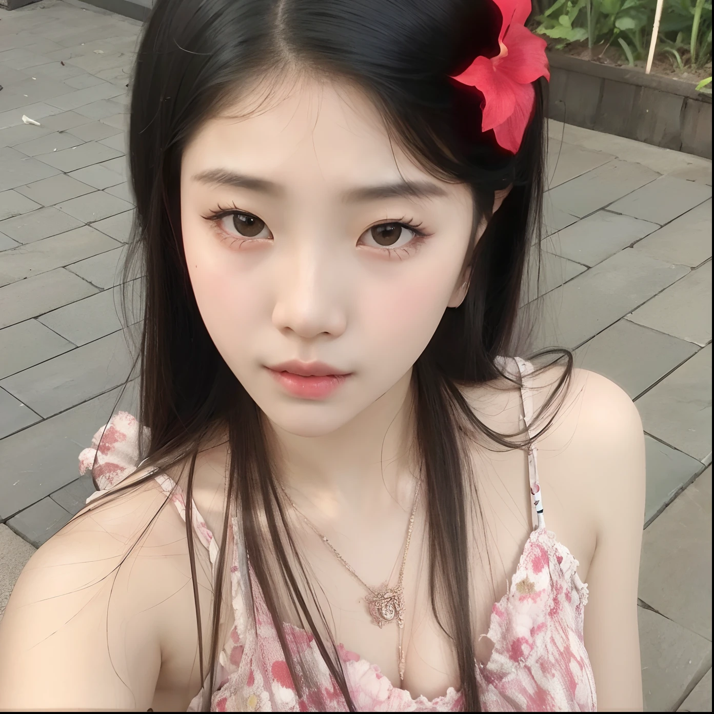 Arafed Asian woman with a red flower in her hair, Jaeyeon Nam, Ulzzang, wan adorable korean face, Jinyoung Canela, young adorable korean face, Mulher sul-coreana bonita, Shikami, young cute wan asian face, menina coreana, branco hime corte penteado, 19-year-old girl, asian features, her face looks like an orchid