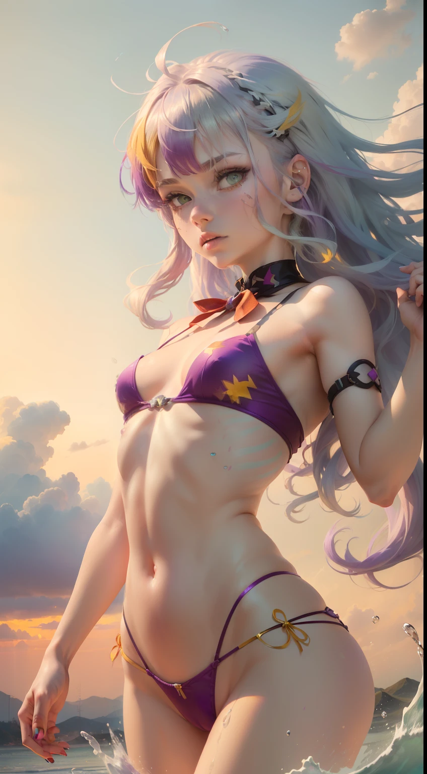1.5),(1 girl),(Dynamic Pose),(multicolored hair+Silver hair:1.3+Red hair:1.2+Purple hair+Yellow hair:1.3+Green hair:1.3),(Blue eyes),(Neck ribbon),(floating),(cloud),(Too many drops of water),(Twilight),(watercolor paiting),(Wide Shot)