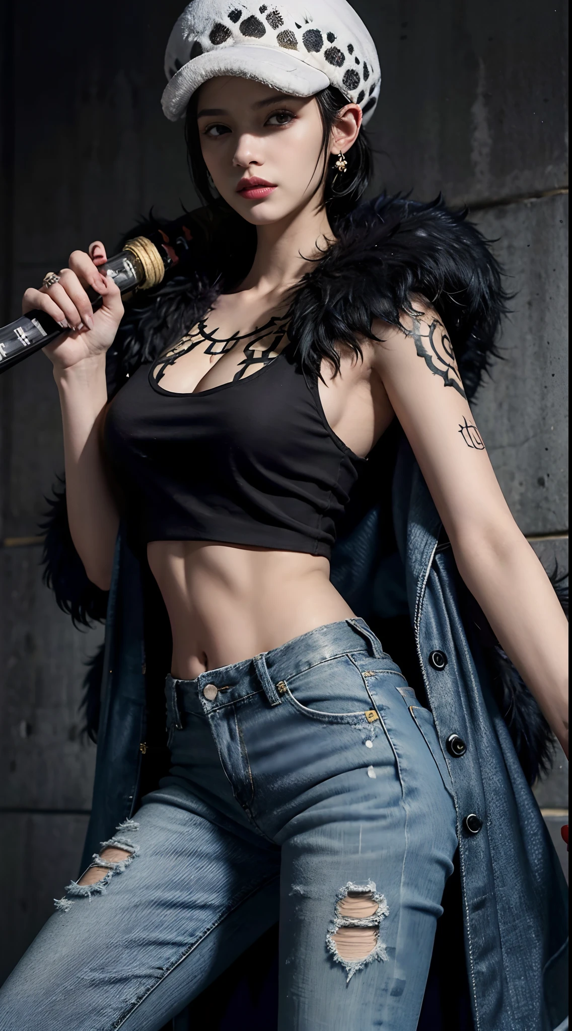 masterpiece, best quality, 8k,highestres, absurdres, extremely detailed, female trafalgar law, 1girl, 1sword, solo, looking at viewer, short hair, medium breasts, hat, navel, cleavage, collarbone, earrings, midriff, pants, coat, fur trim, denim, jeans, shoulder tattoo, hand tattoo, finger tattoo, black fur-trimmed coat, coat on shoulders, yellow tank top,///,