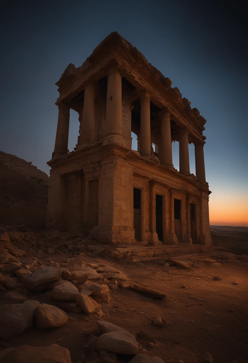 side view, ruins, darkeness, Noite, Post apocalyptic), guerra em Israel