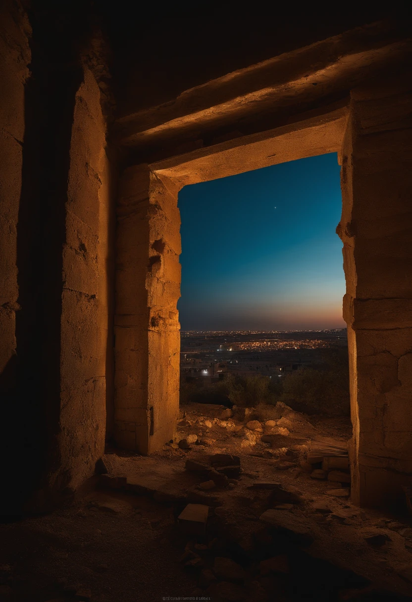 side view, ruins, darkeness, Noite, Post apocalyptic), guerra em Israel