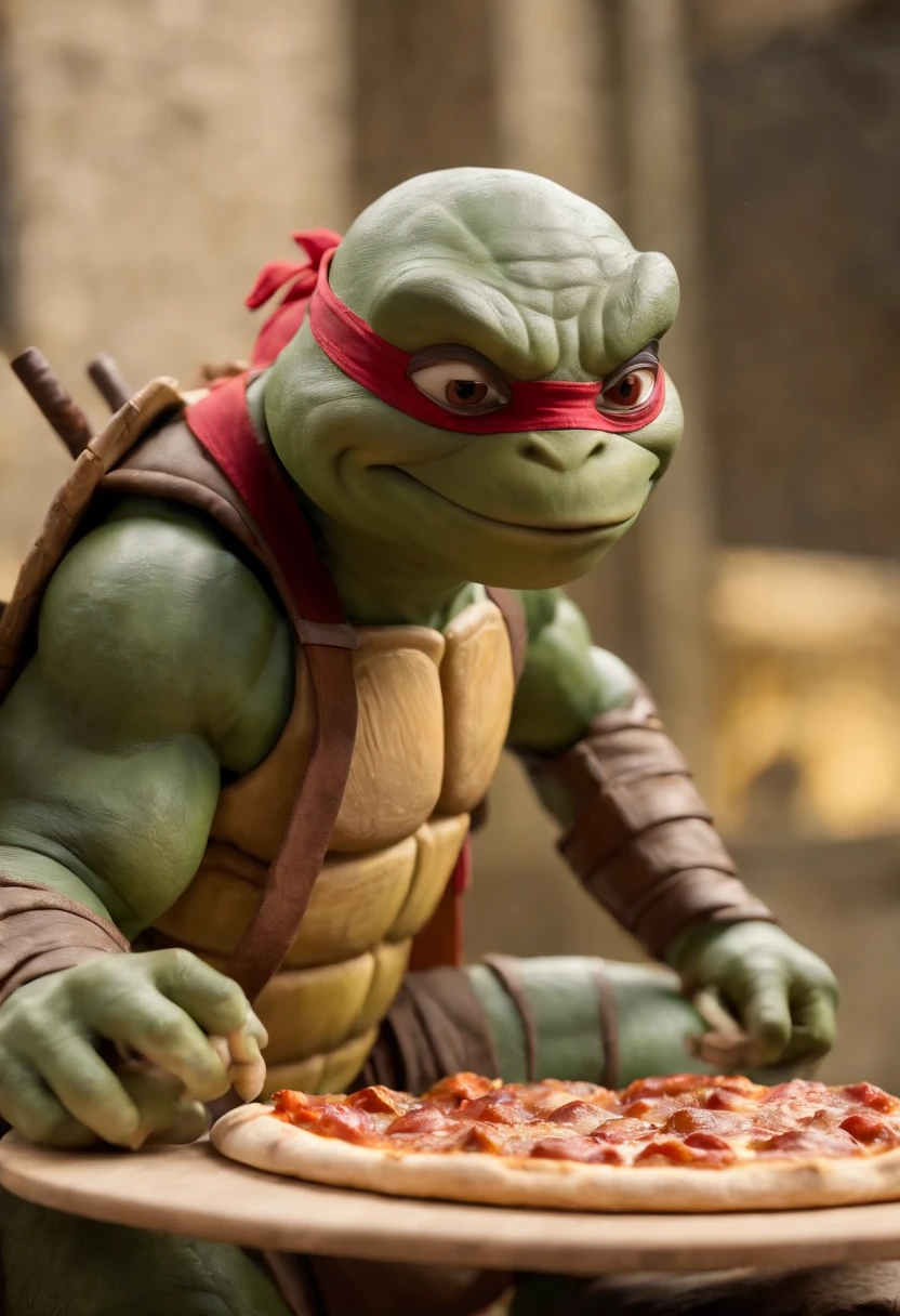 full-length photo professional of the perfect Michelangelo eating pizza like crazy from Ninja Turtles movie 2014, --ar 1:1
