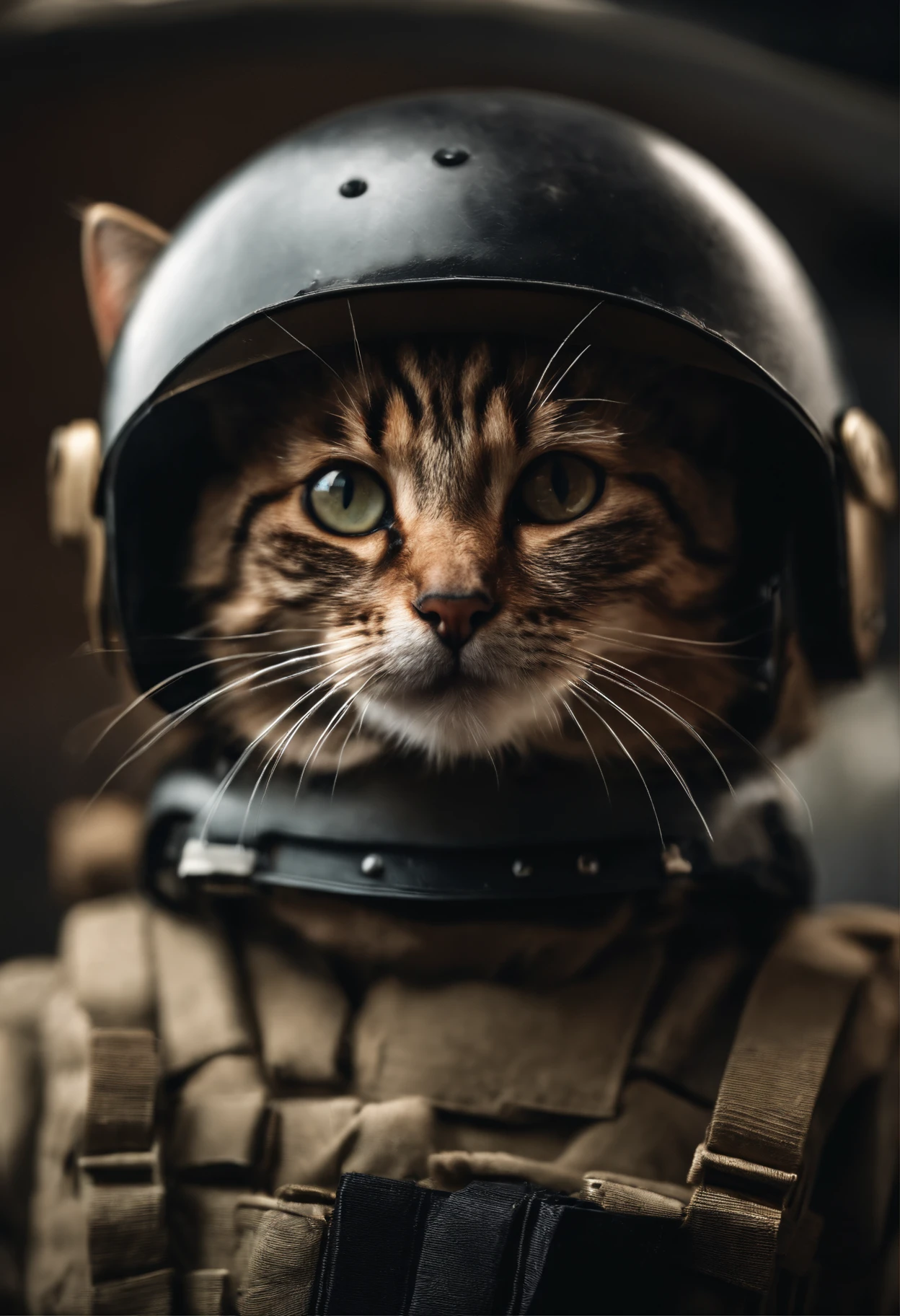 Perfect centering, Cute little cat, Wear a military, Wearing helmet, Wearing weapon ak47, bomb, Standing position, Abstract beauty, Centered, Looking at the camera, Facing the camera, Approaching perfection, Dynamic, Highly detailed, Smooth, Sharp Focus, 8K