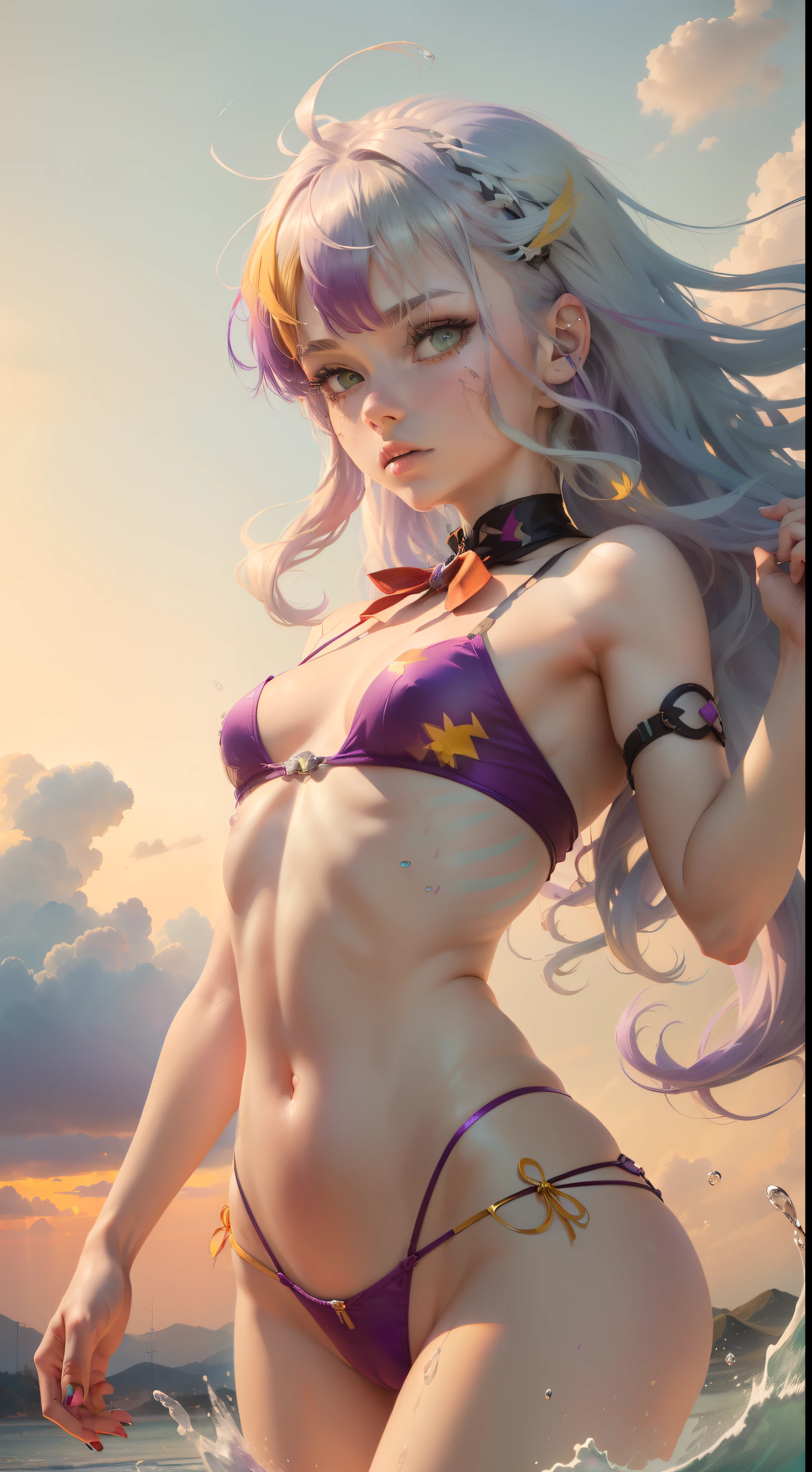 1.5),(1 girl),(Dynamic Pose),(multicolored hair+Silver hair:1.3+Red hair:1.2+Purple hair+Yellow hair:1.3+Green hair:1.3),(Blue eyes),(Neck ribbon),(floating),(cloud),(Too many drops of water),(Twilight),(watercolor paiting),(Wide Shot)