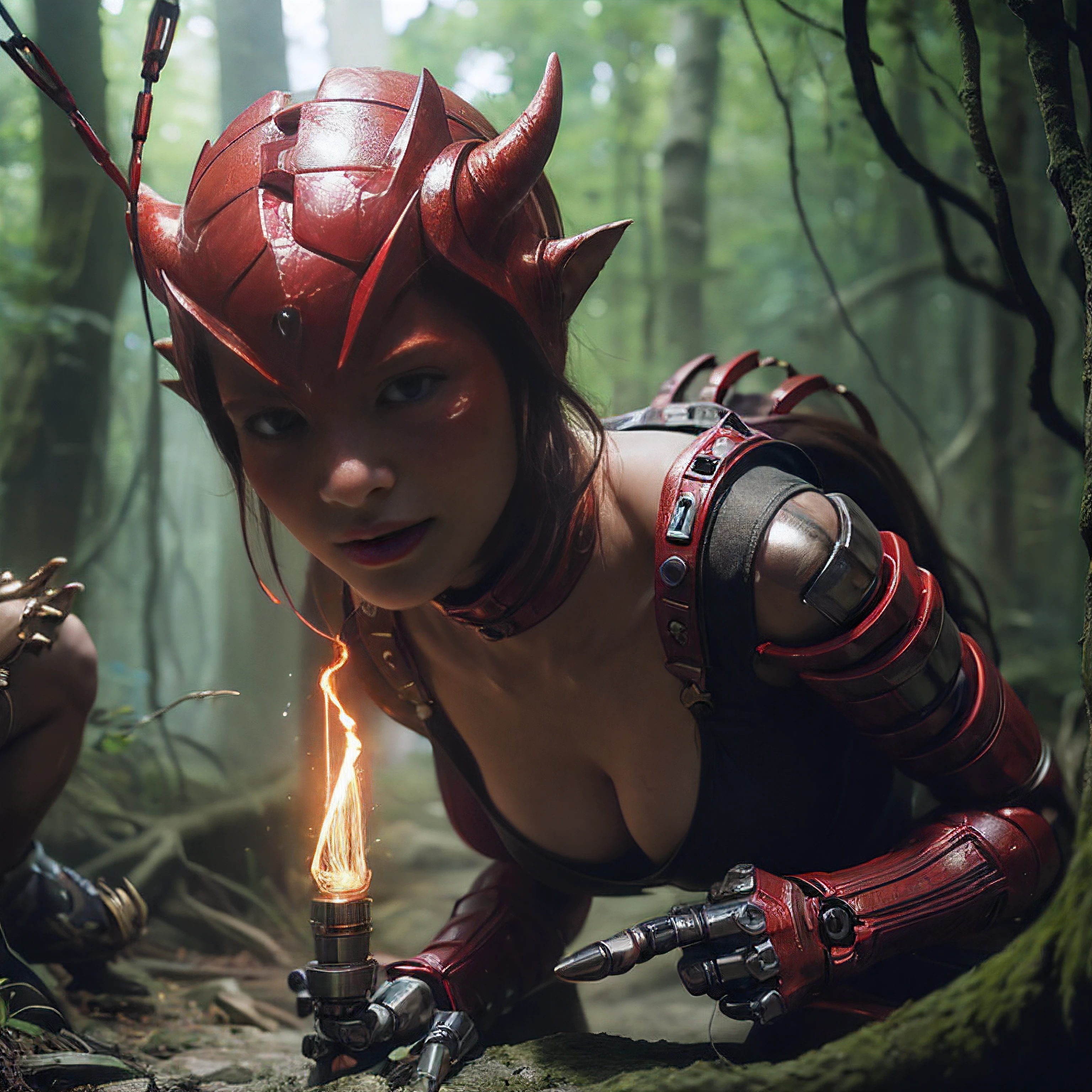 (1 Mechanical Girl)、top-quality、​masterpiece、超A high resolution、(Photorealsitic:1.4)、Raw photo、1人、Fight mutants、glowy skin、(((1 Mechanical Girl)))、With a beautiful knife、（Yellow Metal Bodysuit）、(Kobold、ogre、Fierce battle with orcs),（Fight fiercely against aliens）、Fight fiercely、(beautiful forest background)、(Fighting Demonic Beasts)、(Small LED)、((super realistic details))、portlate、(Strong giant demon beast background),globalillumination、Shadow、octan render、8K、ultrasharp、Colossal tits、Raw skin is exposed in cleavage、metals、Details of complex ornaments、Japan details、highly intricate detail、Realistic light、(Mystical expression),CGSoation Trends、Red Eyes、radiant eyes、Facing the camera、neon details、(Mechanical limbs)、(blood vessels connected to tubes)、Mechanical vertebrae attached to the back、mechanical cervical attaching to neck、(Wires and cables connecting to the head)、Gundam、Small LED、,Mechanical thighs、Toostock、（Hands are also made of machines）、（Attack of the Monster Beasts）、（Wounded in a deadly battle）、