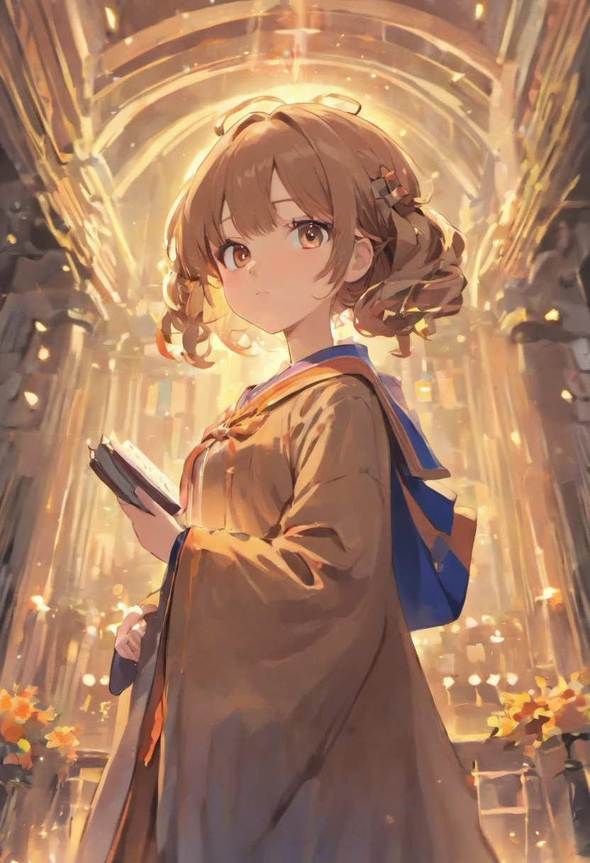 Girl with a book.Light brown hair.uses magic.Glasses removed.Wearing a graduation cap.Wearing a cloak.Eyes are brown.eyes gentle.Age is .Hair braids.Vermilion gloves that extend to the upper arm.The background is the library.Wearing a belt.kawaii