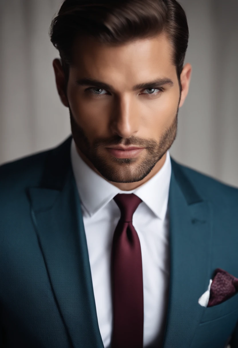 attractive 30 year old man in Hugo boss business suit , Belle barbe , Executive Sexy Man, Terno donc, Front camera focus, mode portrait, perfectly straight in front of the camera