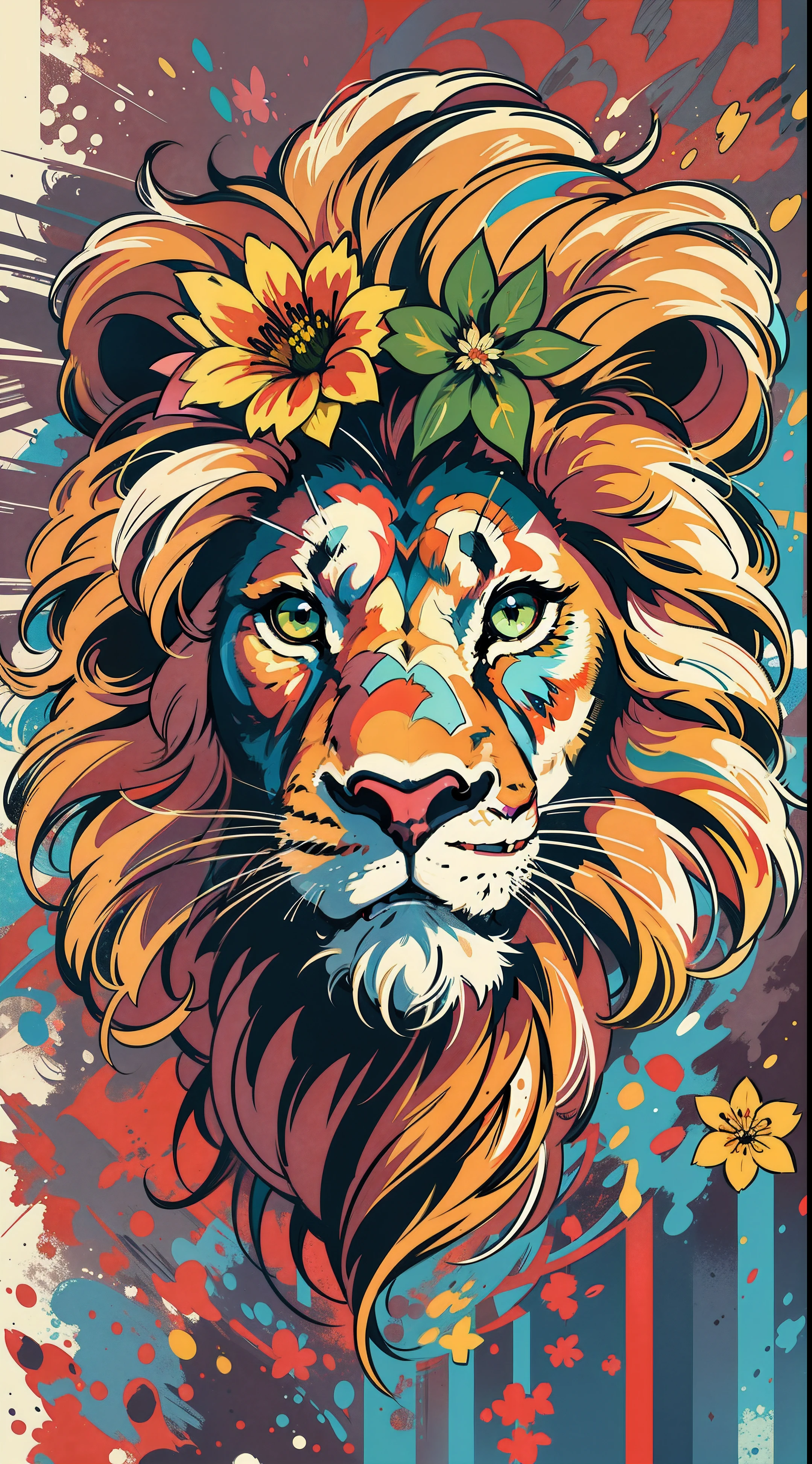 Create digital artwork in the Pop Art style, Featuring a vibrant and confident lion,street fashion, Movie color scheme, Surrounded by vintage flower motifs, Vibrant brushstrokes,Emotions should be dynamic, Upper body, Drawing, illustration, escala cinza, tropical, Many flowers,