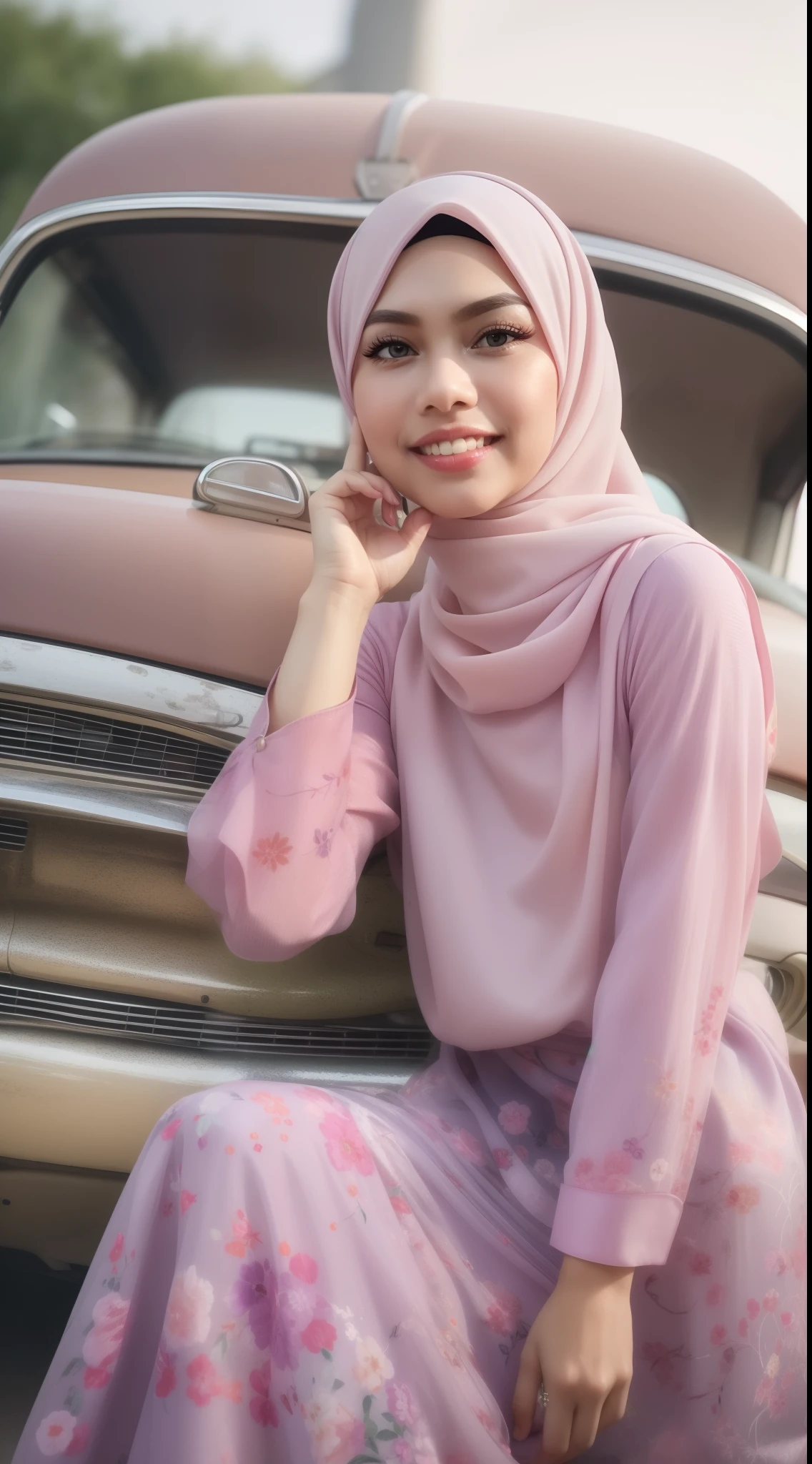 Malay girl in hijab wear pastel lilac floral pattern modest baju kurung , seat infront of vintage car, old junk car, front view, detail skin, detail skin texture, mole below eyes, small breast, big hip, big waist, big thigh, slim abs, beautiful body, evening, laughing, happy, bright lighting, blur background, bokeh, vintage effect photo, vintage color, retro color, high quality, 8k