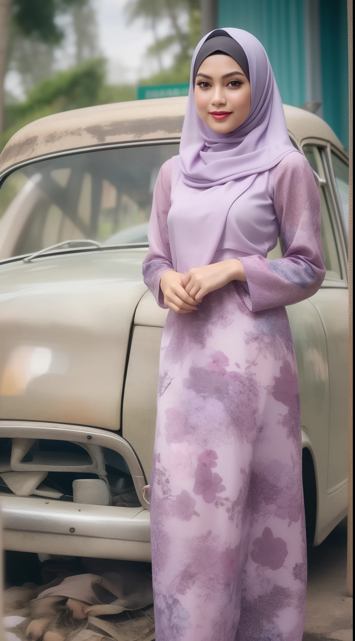 Malay girl in hijab wear pastel lilac floral pattern modest baju kurung , seat infront of vintage car, old junk car, front view, detail skin, detail skin texture, mole below eyes, small breast, big hip, big waist, big thigh, slim abs, beautiful body, evening, laughing, happy, bright lighting, blur background, bokeh, vintage effect photo, vintage color, retro color, high quality, 8k