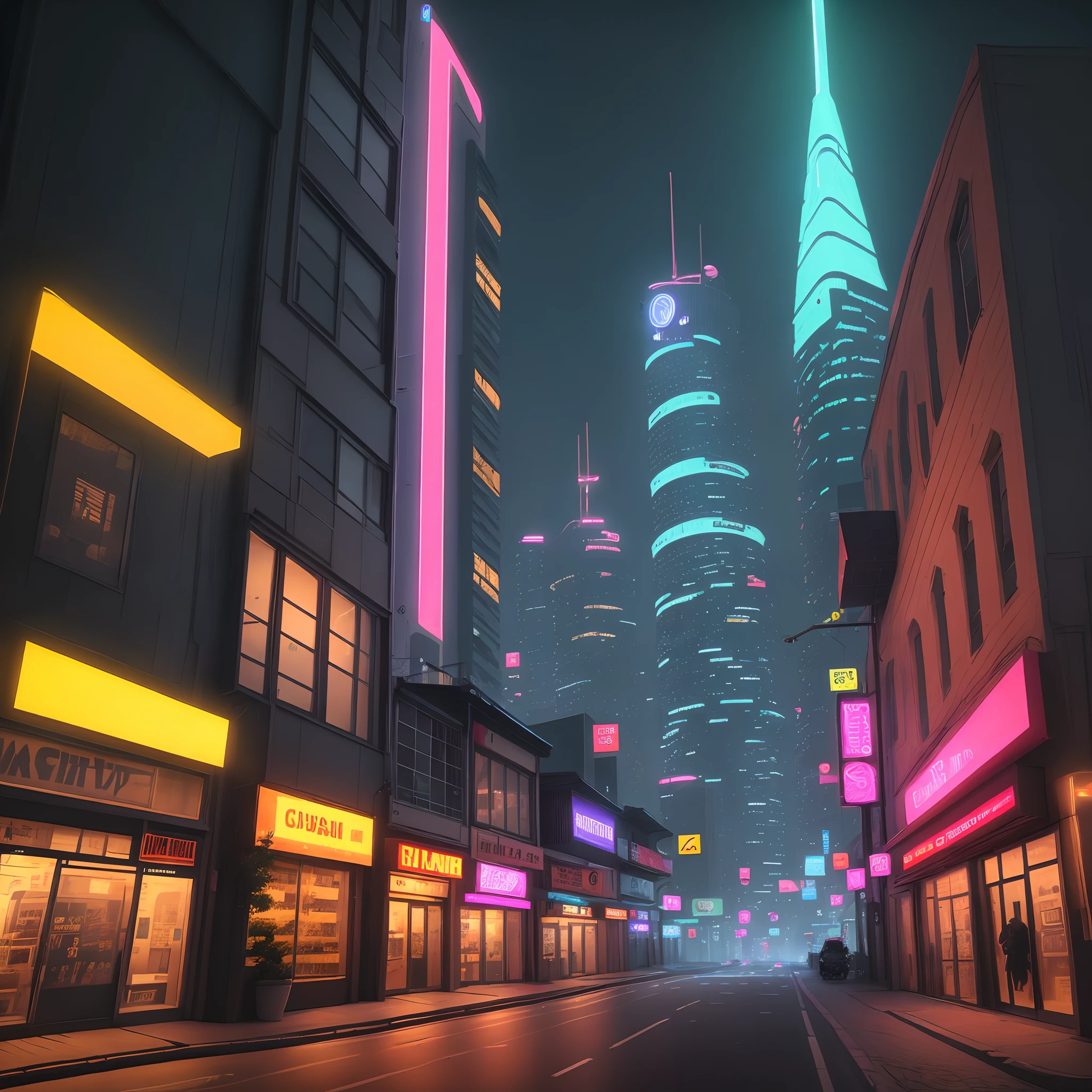 Small streets Neon lights illuminate the road in Cyberpunk Town highrise buildings Architecture of the future metalic skyscraper Crane work