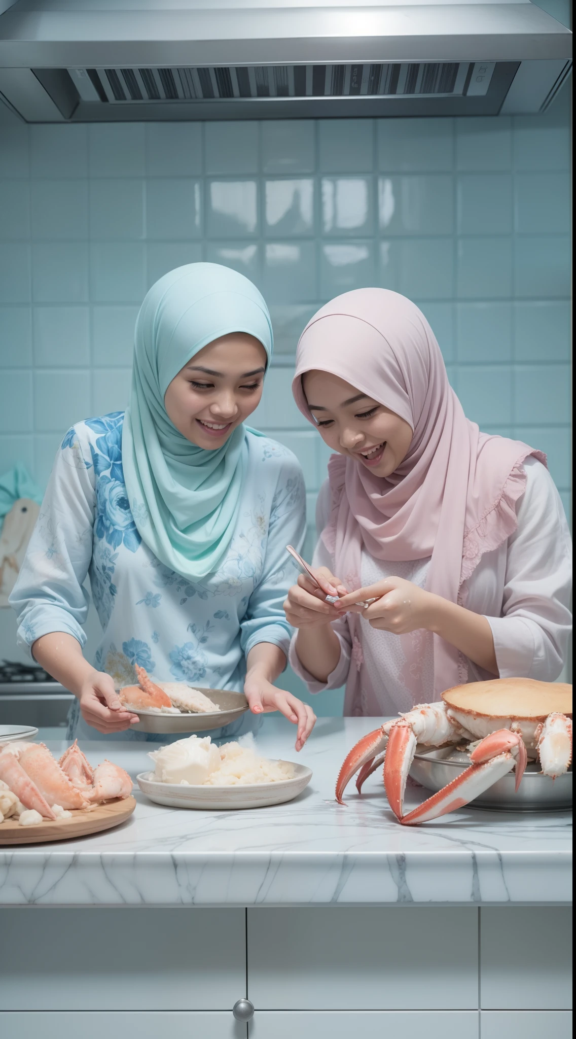 2 beautiful malay girl in pastel color hijab cooking very big king crab, wear pastel blue and white floral pattern baju kurung, lively moving king crab, shock, funny and clumsy situation, laughing, happy, messy kitchen, wet kitchen and cloth, detailed skin texture, soft lighting, pastel color theme, high quality, movie shot framing, ultra detail, 8k,
