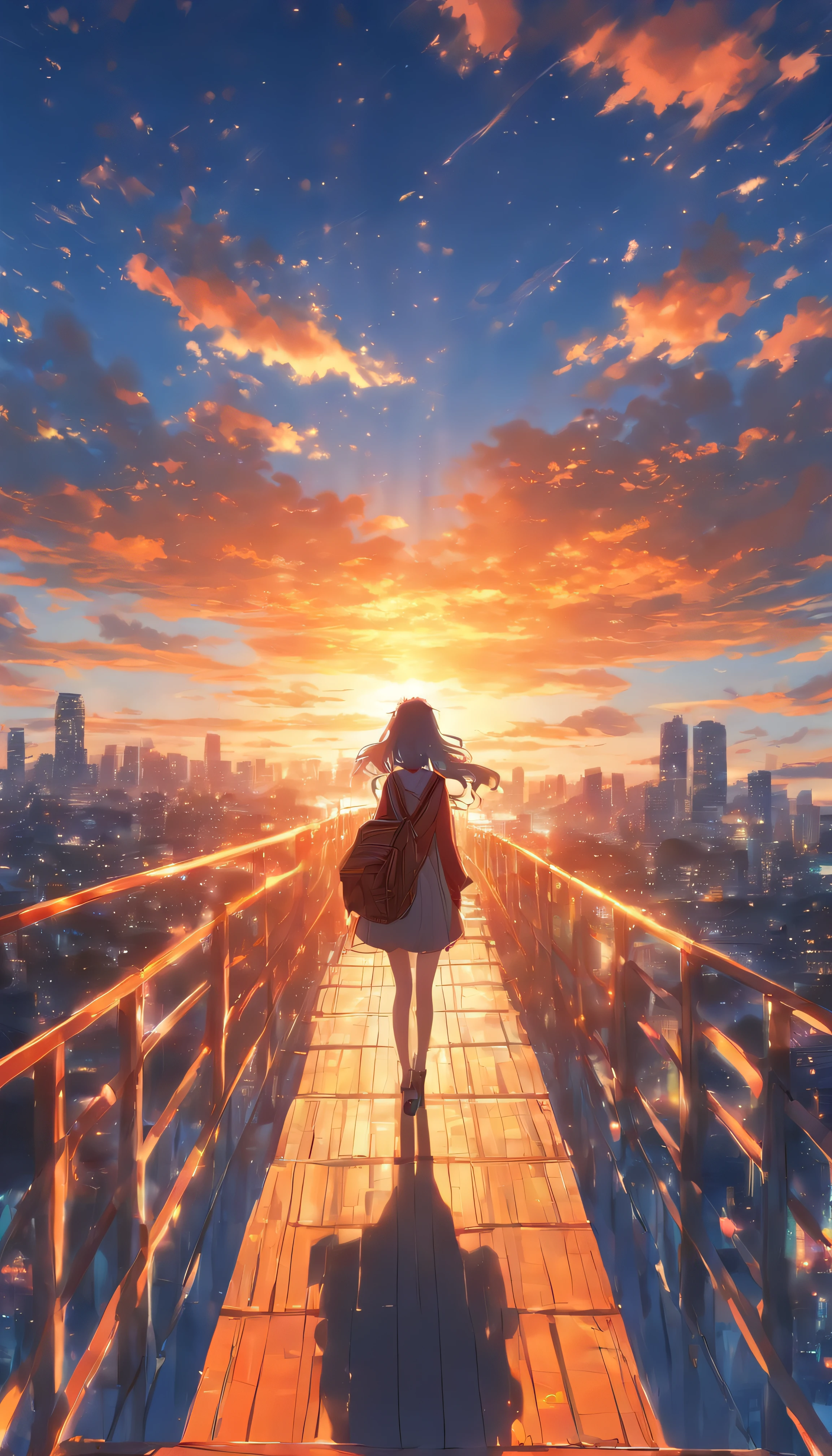 Woman standing on a pedestrian bridge. The morning sun rises. Fantastic sky. Clear sky. Back view, face not visible , high quality down to the smallest detail. Fantastic landscape . People large .