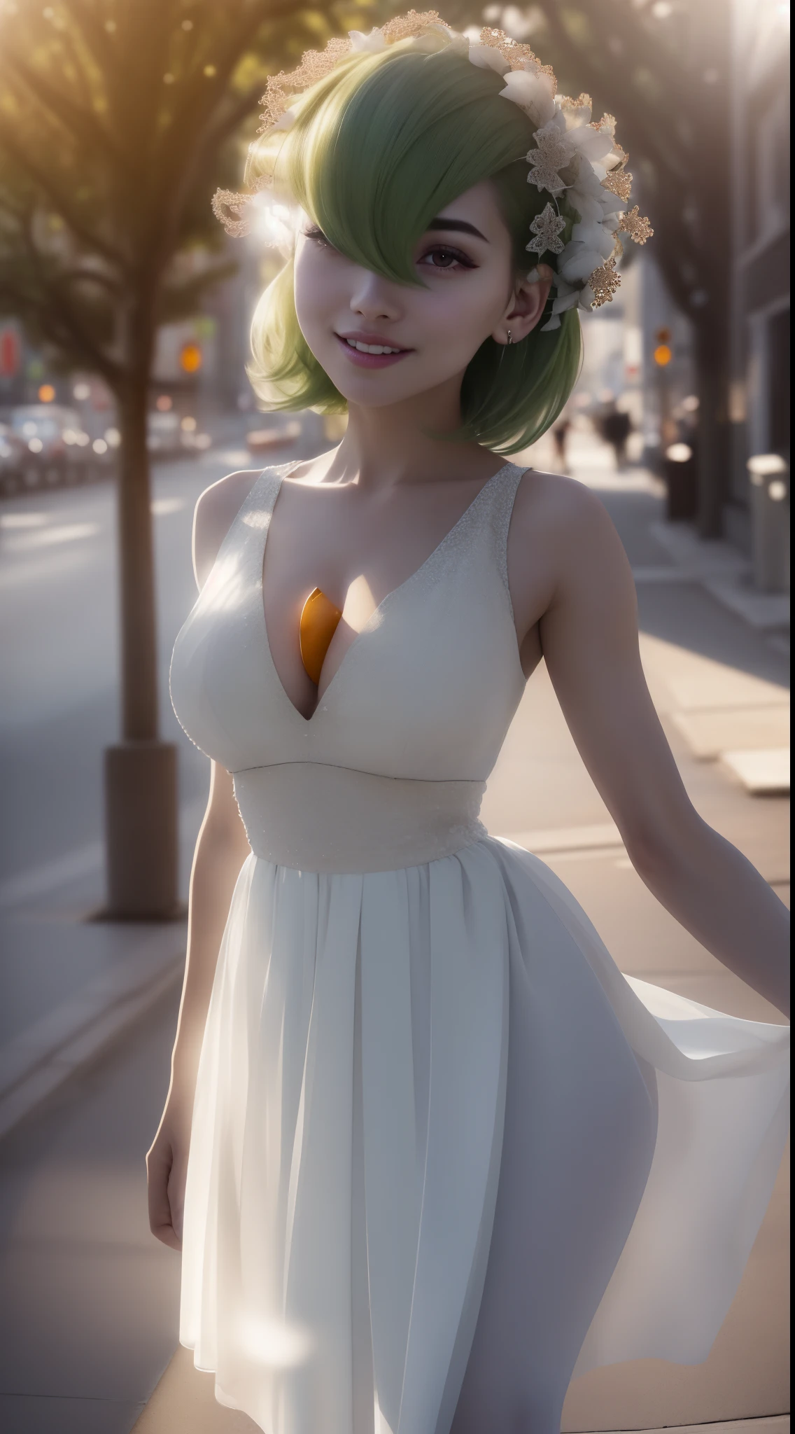 best quality, master piece, tall, 1 girl, short flared white chiffon dress, smile, closed mouth, lips pursed, short wavy green hair, beautiful eyes, detailed eyelashes, gorgeous face, over body, tyndall effect, photorealistic, rim lighting, two-tone lighting, (highly detailed skin:1.2), 8k UHD, DSLR, soft lighting, high quality, volumetric lighting, candid, photography, ultra-high resolution, 4k, 8k, bokeh, downtown, afternoon