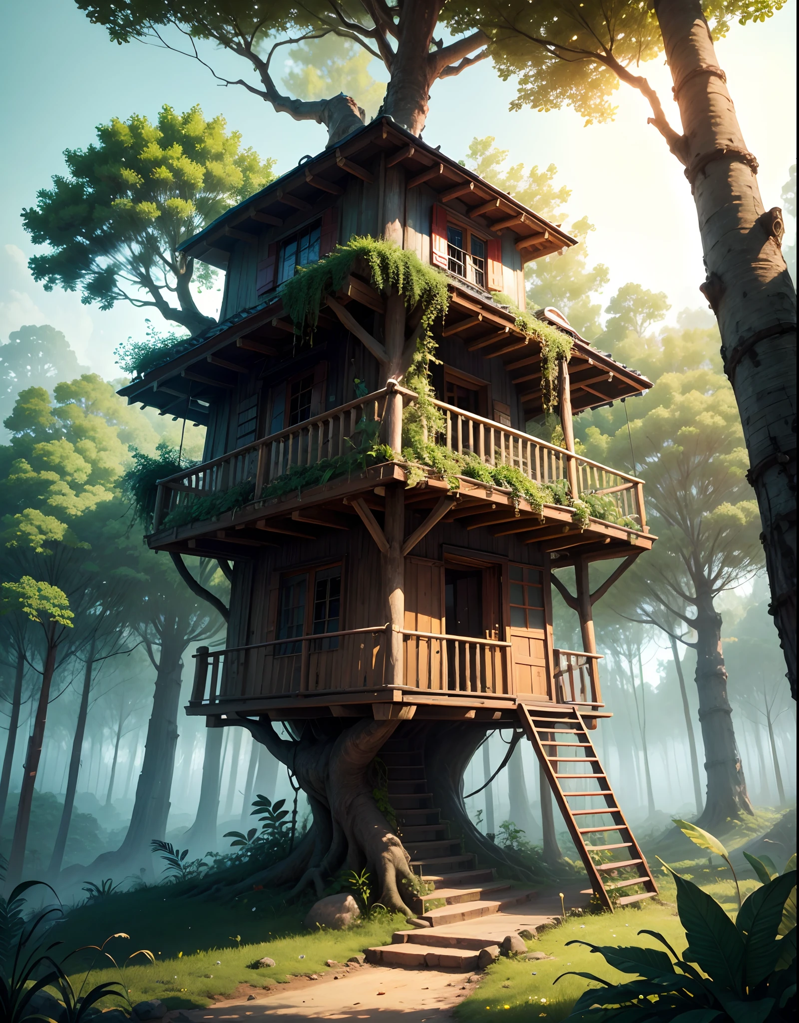 (PiroxiumDiffusion style:0.5), Beautiful jungle tree house,cinematic, (masterpiece),vibrant --auto