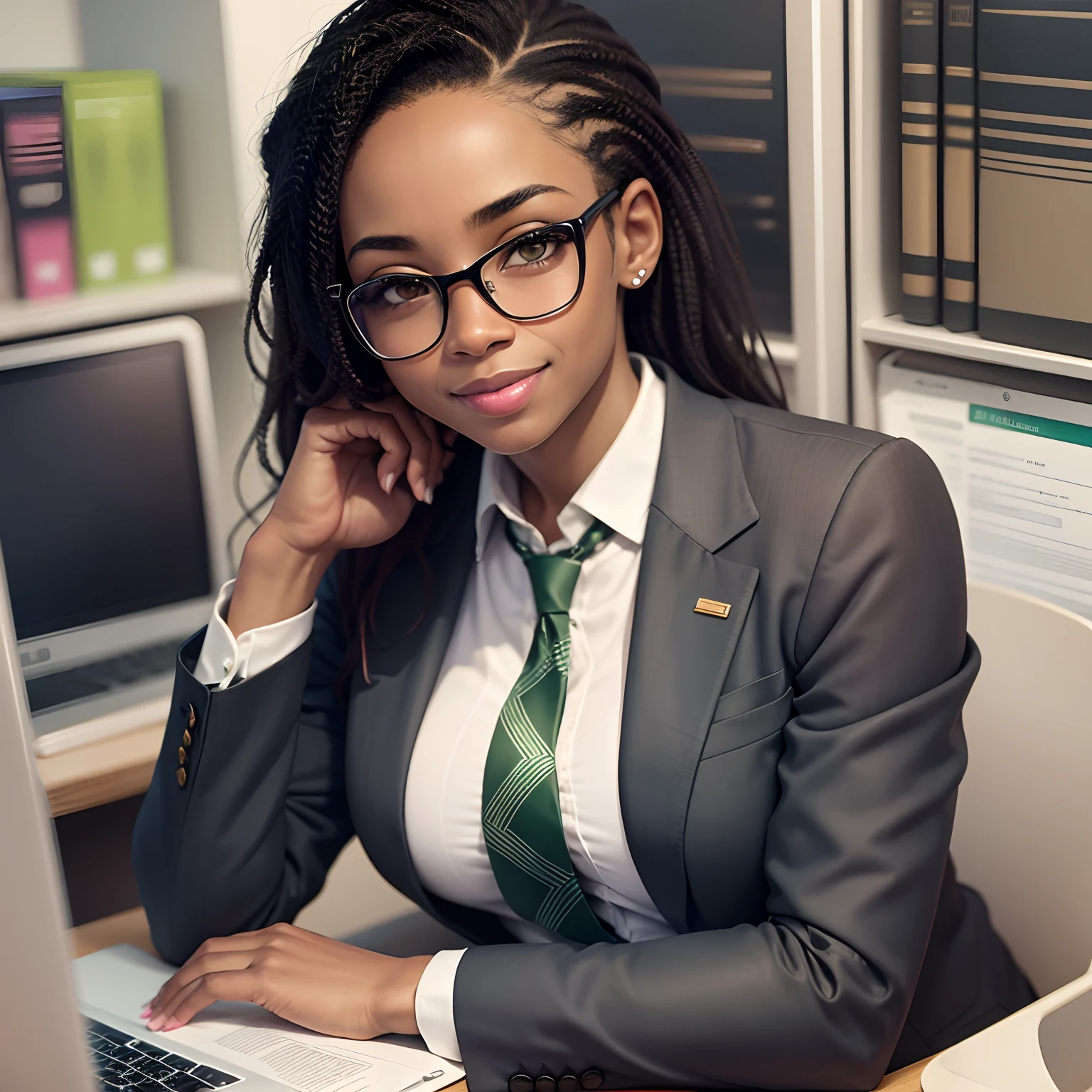 African american woman sitting in office, looking at laptop, smile on face, add detail:1, charcoal black suit, dark green tie, clean black office, face detail (1:1)