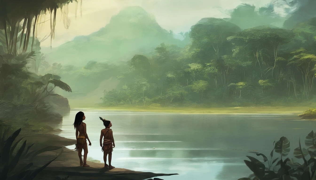 An indigenous Brazilian boy, forte, Talking to a beautiful black-haired indigenous girl, Next to a river in an Amazon rainforest.