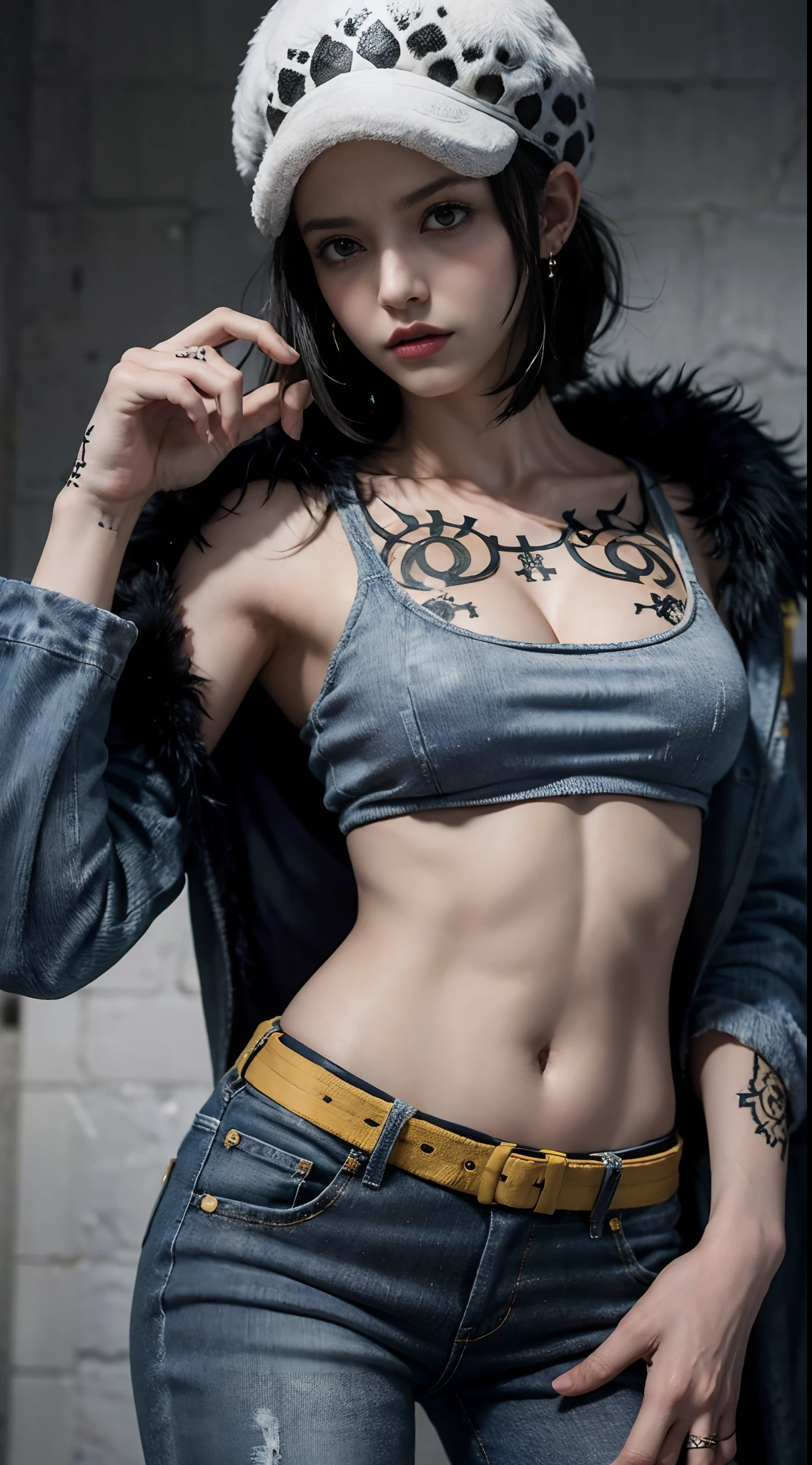 masterpiece, best quality, 8k,highestres, absurdres, extremely detailed, female trafalgar law, 1girl, 1sword, solo, looking at viewer, short hair, medium breasts, hat, navel, cleavage, collarbone, earrings, midriff, pants, coat, fur trim, denim, jeans, shoulder tattoo, hand tattoo, finger tattoo, black fur-trimmed coat, coat on shoulders, yellow tank top,///,