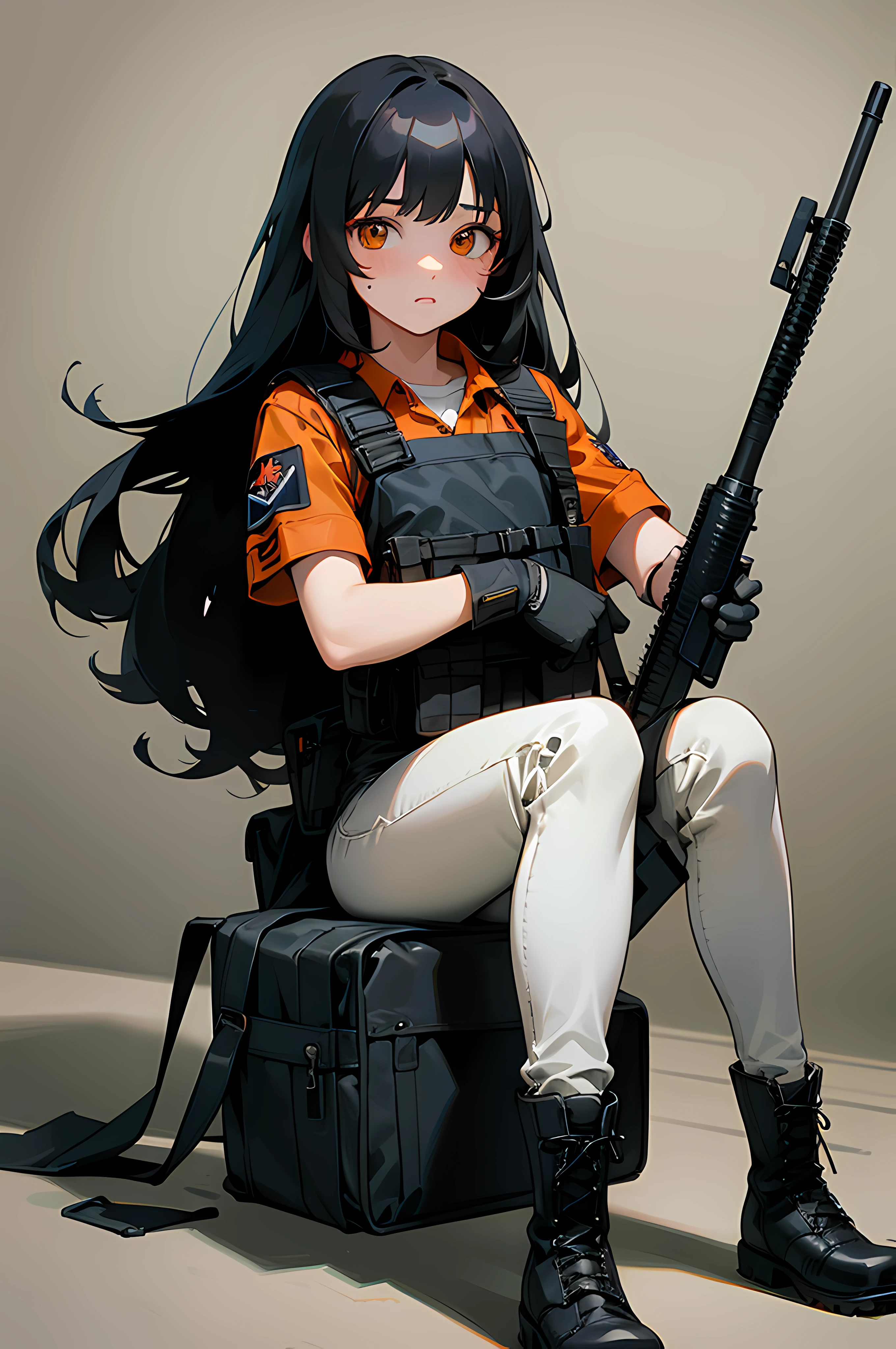 (8K Ultra High-Quality) (Masterpieces) 1 Girl, Solo, long black hair, orange eyes color, wearing tactical Jacket, wearing blue Jean, wearing boots, carrying US Army bag, holding M16A4 Assault Rifle, wearing British armband, curious face looking at viewer.