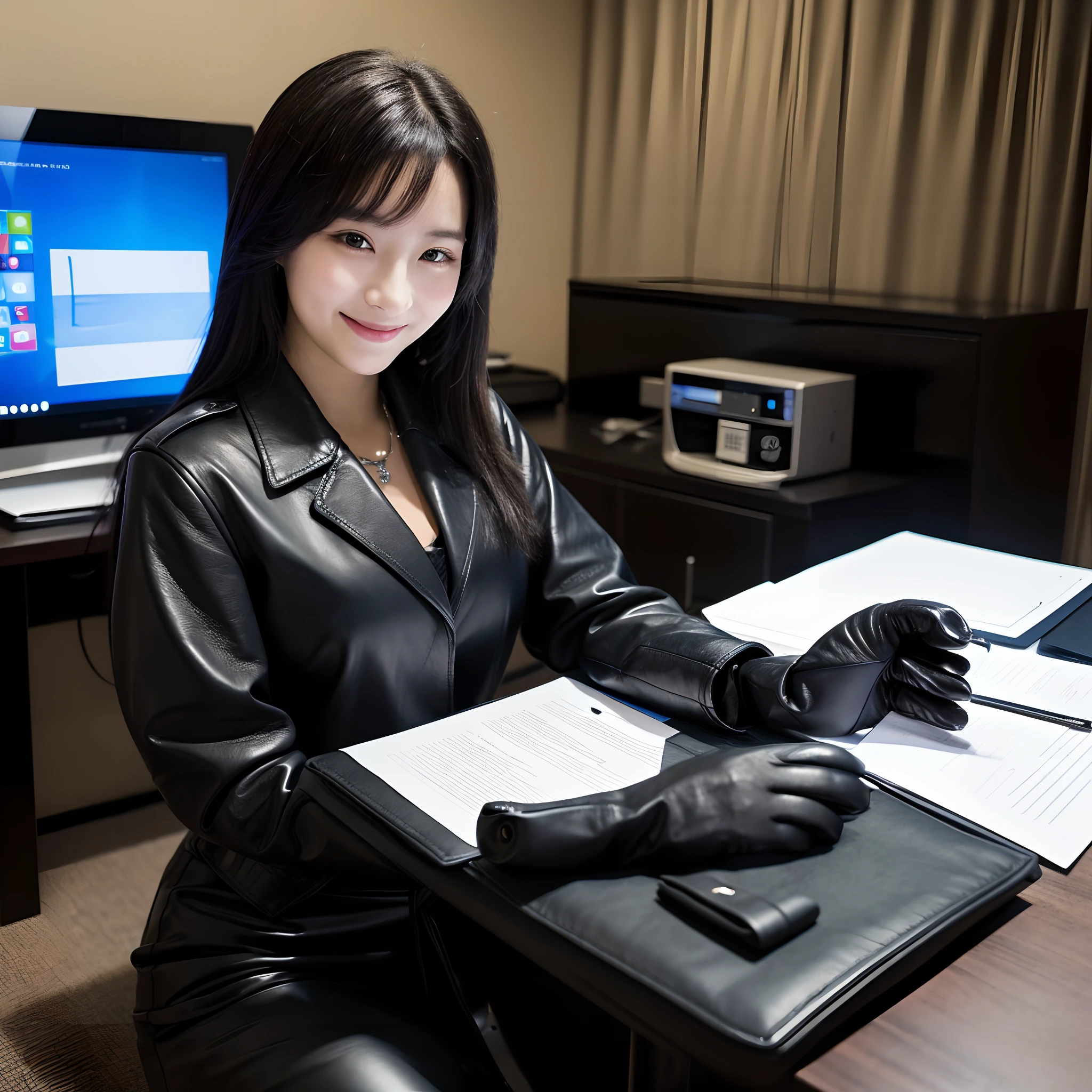 8K

Wearing black leather gloves in both hands, upper body full body, wearing a black business suit, facing the desk in my room with a computer in the dark, looking down and smiling, writing a letter using a fountain pen, black hair has been tied behind for a long time, young and very cute Japanese female new employee (black leather gloves cover both hands) Gentle smile from the camera's point of view, working with black leather gloves with both hands