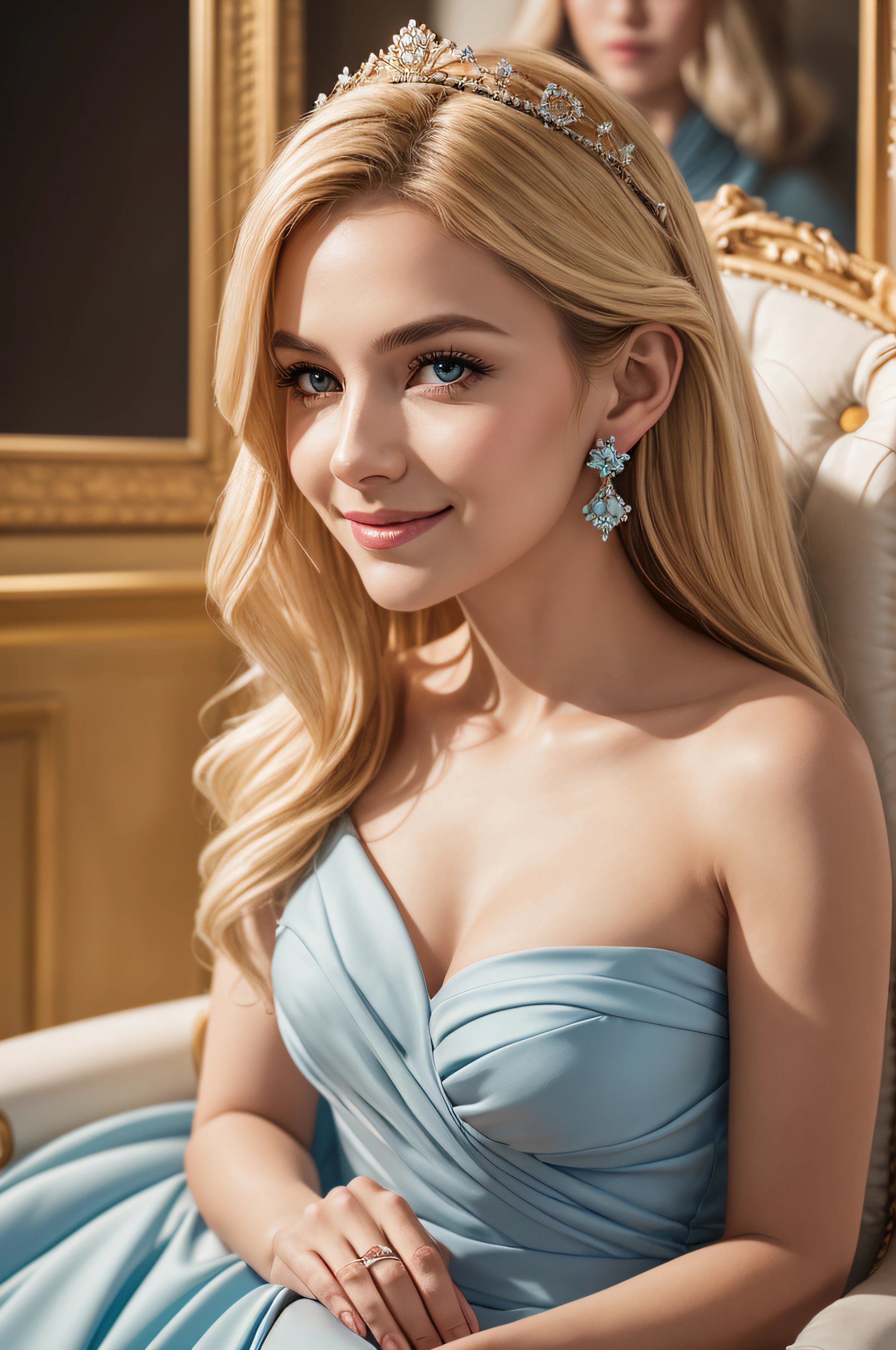 Realistic Minimal cinematic portrait of beautiful queen, smiling, wearing blue imperial gown ,sitting on throne, blonde hair, stud earrings, pastel color theme, Feminine, 8K, Masterpiece, Best Quality, great details) , (high saturation, best shadows, best light, Extremely delicate whitening)