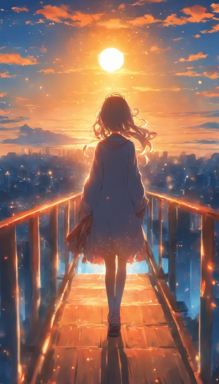 A woman standing on a pedestrian bridge in the early morning. The sun is rising. Fantastic blue sky. Back view, face not visible , high quality down to the smallest detail. Fantastic landscape . People large .