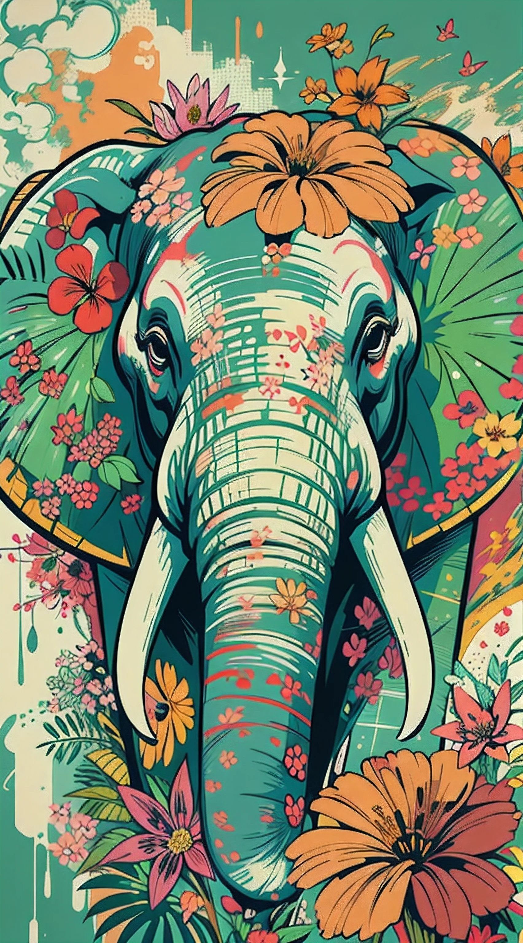 Create digital artwork in the Pop Art style, Featuring a vibrant and confident elephant,street fashion, Movie color scheme, Surrounded by vintage flower motifs, Vibrant brushstrokes,Emotions should be dynamic, Upper body, Drawing, illustration, escala cinza, tropical, Many flowers,