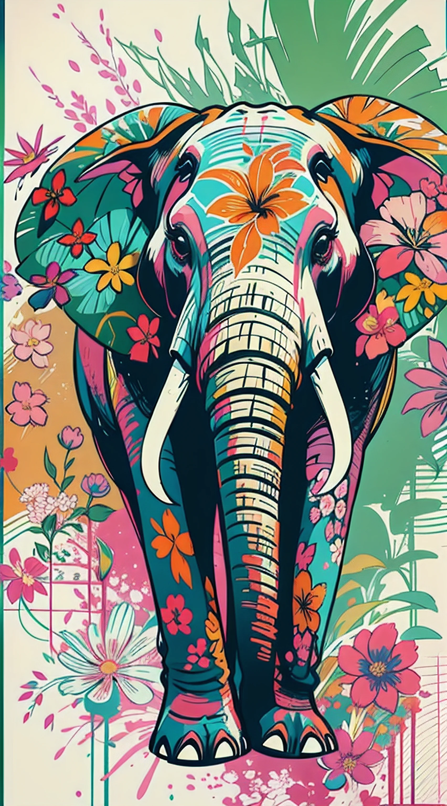 Create digital artwork in the Pop Art style, Featuring a vibrant and confident elephant,street fashion, Movie color scheme, Surrounded by vintage flower motifs, Vibrant brushstrokes,Emotions should be dynamic, Upper body, Drawing, illustration, escala cinza, tropical, Many flowers,