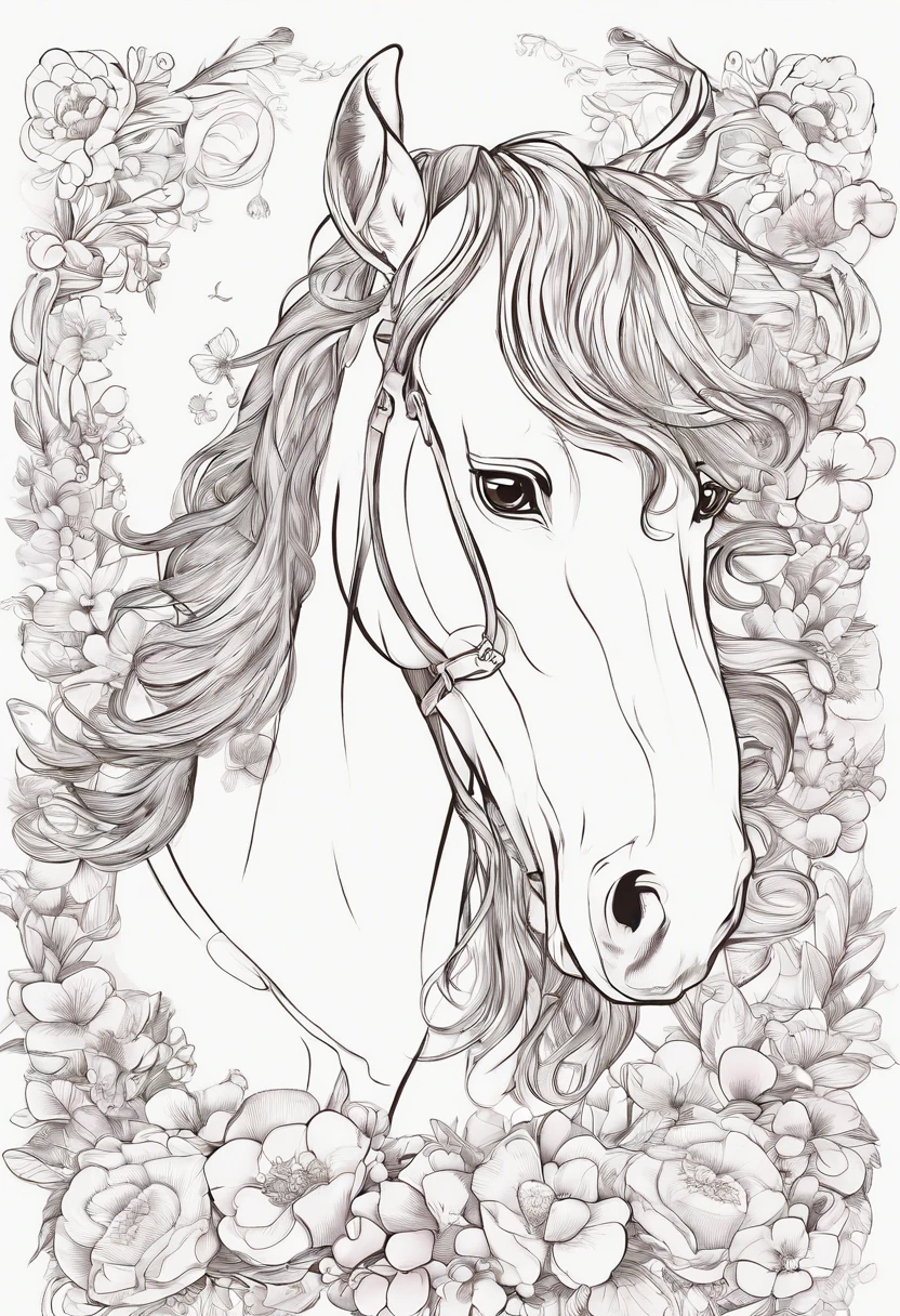 dibujo en blanco y negro para colorear, un caballo en el campo