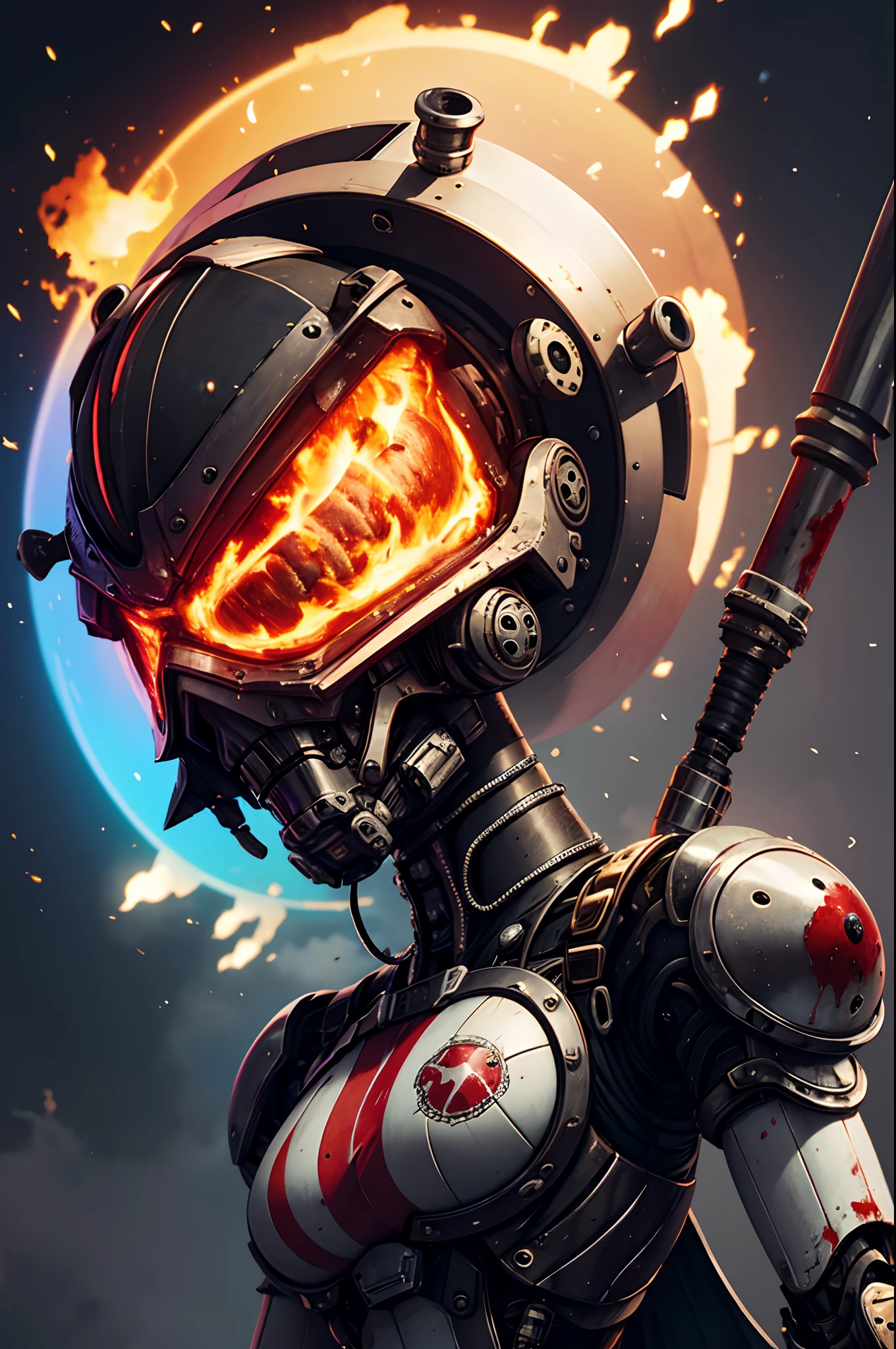 pixel sorted，(Anthropomorphic hamburgers：1.5) Role-play superheroes ，Bring a helmet，(Blood Art:1.2)，Bloodstained battle flags，Mechanize the body，Robotic arm，Mechanical parts are damaged，steampunc，Hamburger on black background，Metal polished bone coating,Various weapons surround the hamburger，Form different structures， breath-taking rendering, Magical rainbow elements,Splendid round rainbow combination，circular composition，Solo