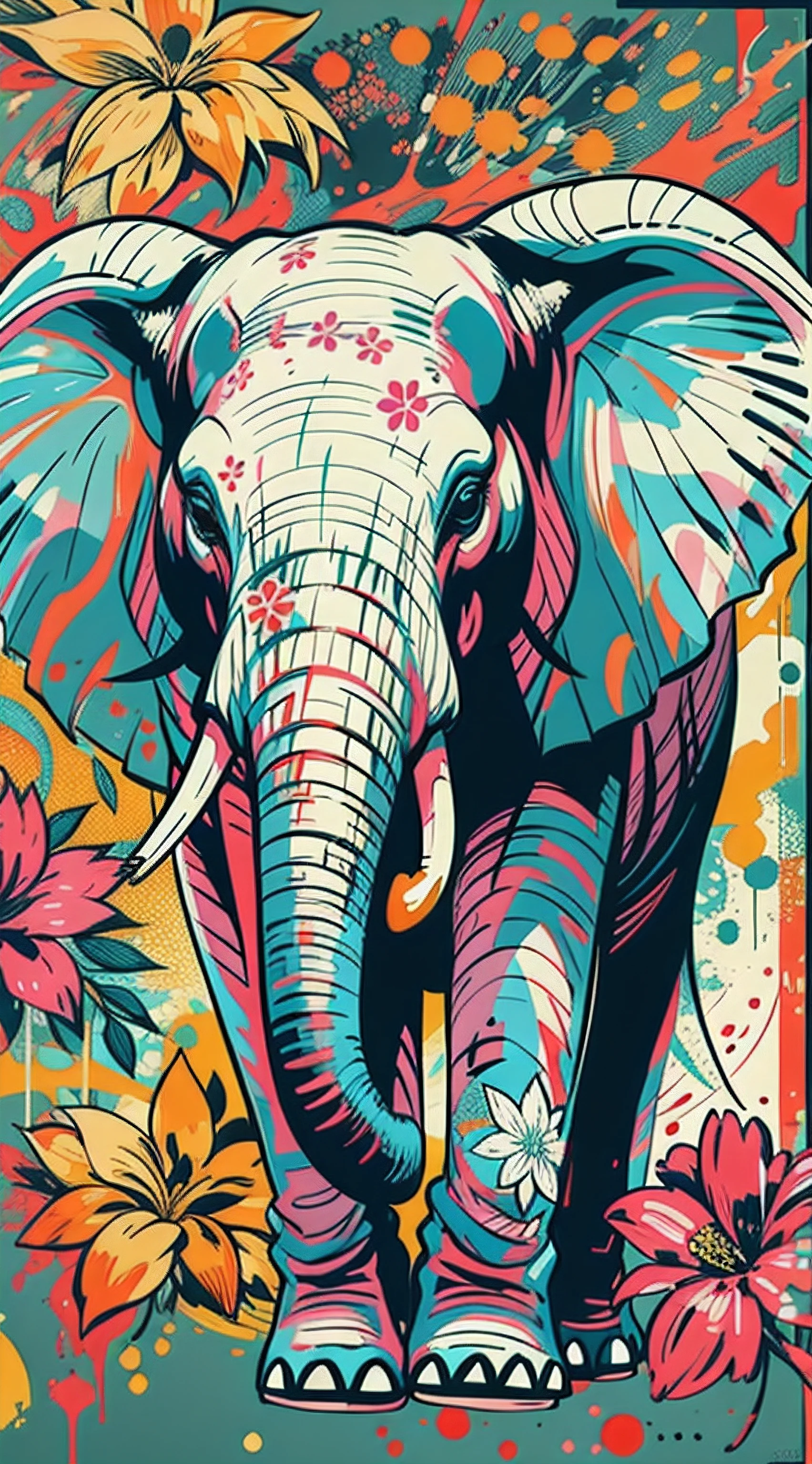 Create digital artwork in the Pop Art style, Featuring a vibrant and confident elephant,street fashion, Movie color scheme, Surrounded by vintage flower motifs, Vibrant brushstrokes,Emotions should be dynamic, Upper body, Drawing, illustration, escala cinza, tropical, Many flowers,