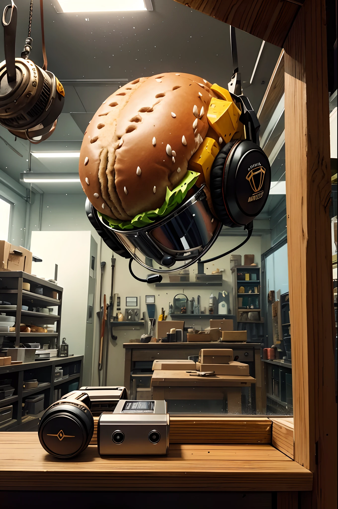 Hamburger with headphones，There are mechanical arthropods，Glass mask，Strong reflections，In a workshop full of carpenter's tools，