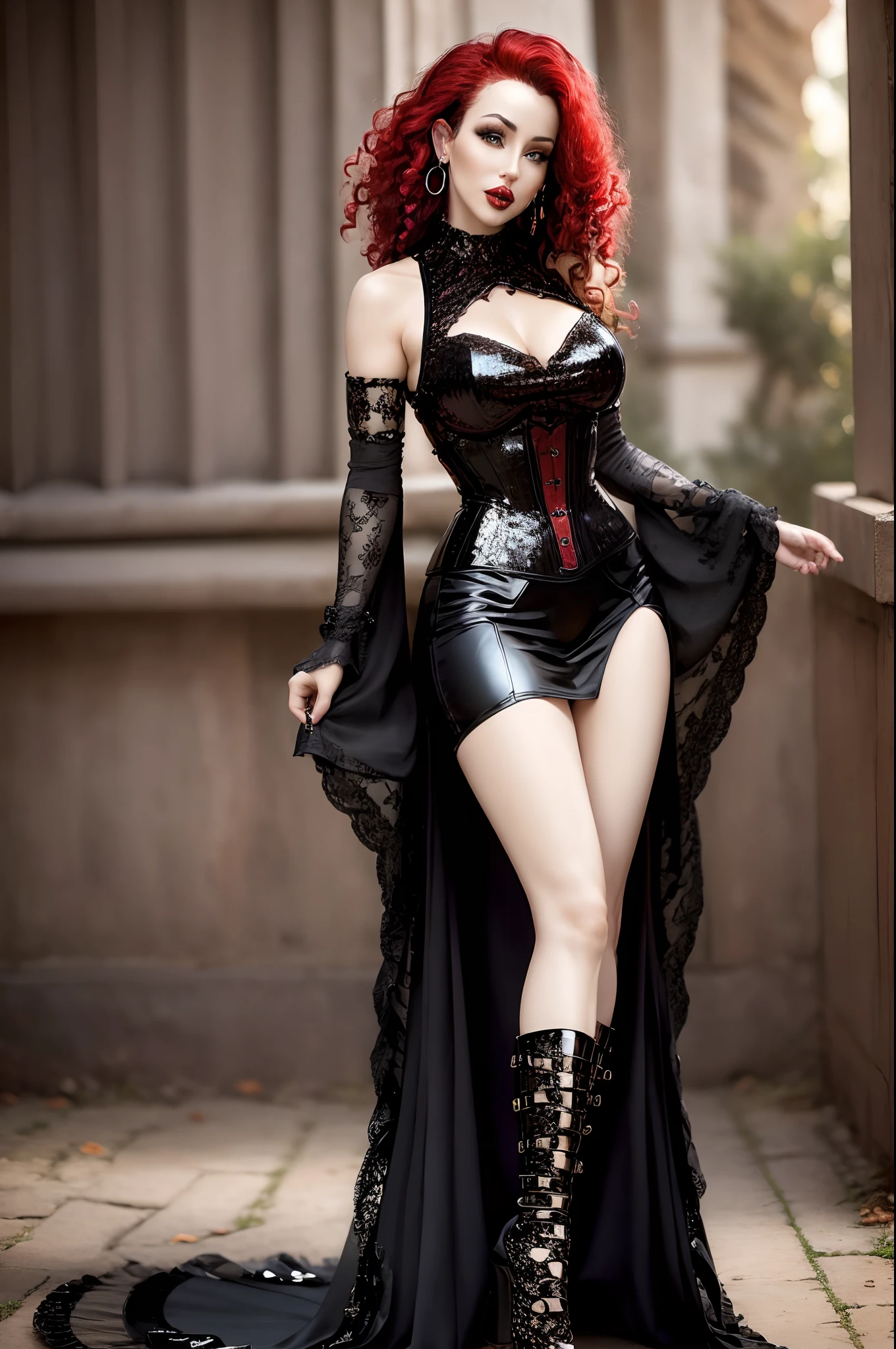 (mature woman:1.3), red curly hair, black lipstick,( Fluffy short dress with sequins:1.1), earrings,  ((masterpiece)), (high quality), (best quality), (detailed), hd, perfect lighting, detailed face, detailed body,  goth, gothic,