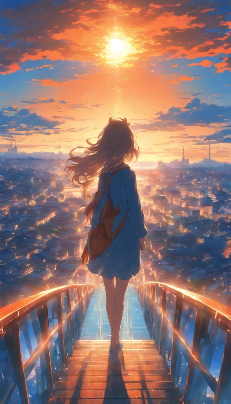 A woman standing on a pedestrian bridge in the morning. The sun is rising. Fantastic blue sky. Back view, face not visible , high quality down to the smallest detail. Fantastic landscape . People large .