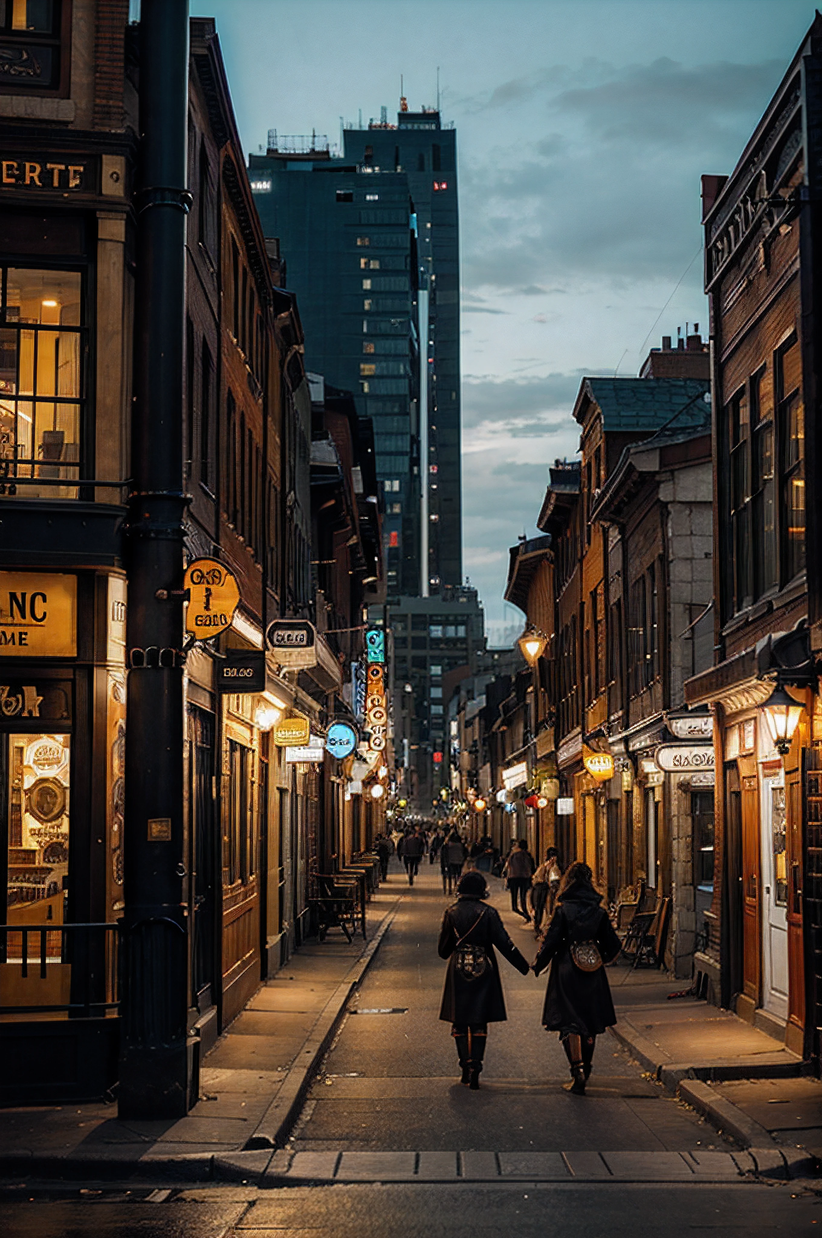People walking down a street in a city at night - SeaArt AI