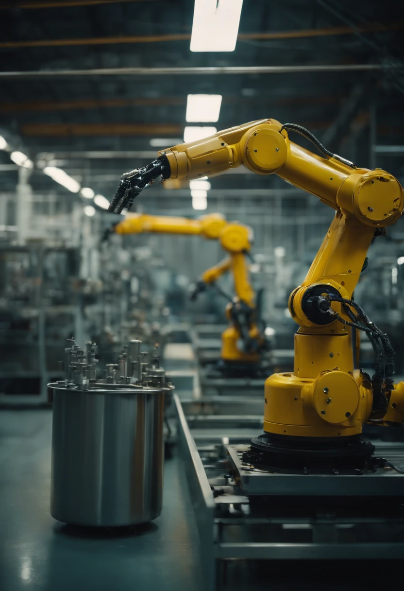 show a full line where robot arms are working on different station of a manufacturing plant, bright colour of the full environment, windows